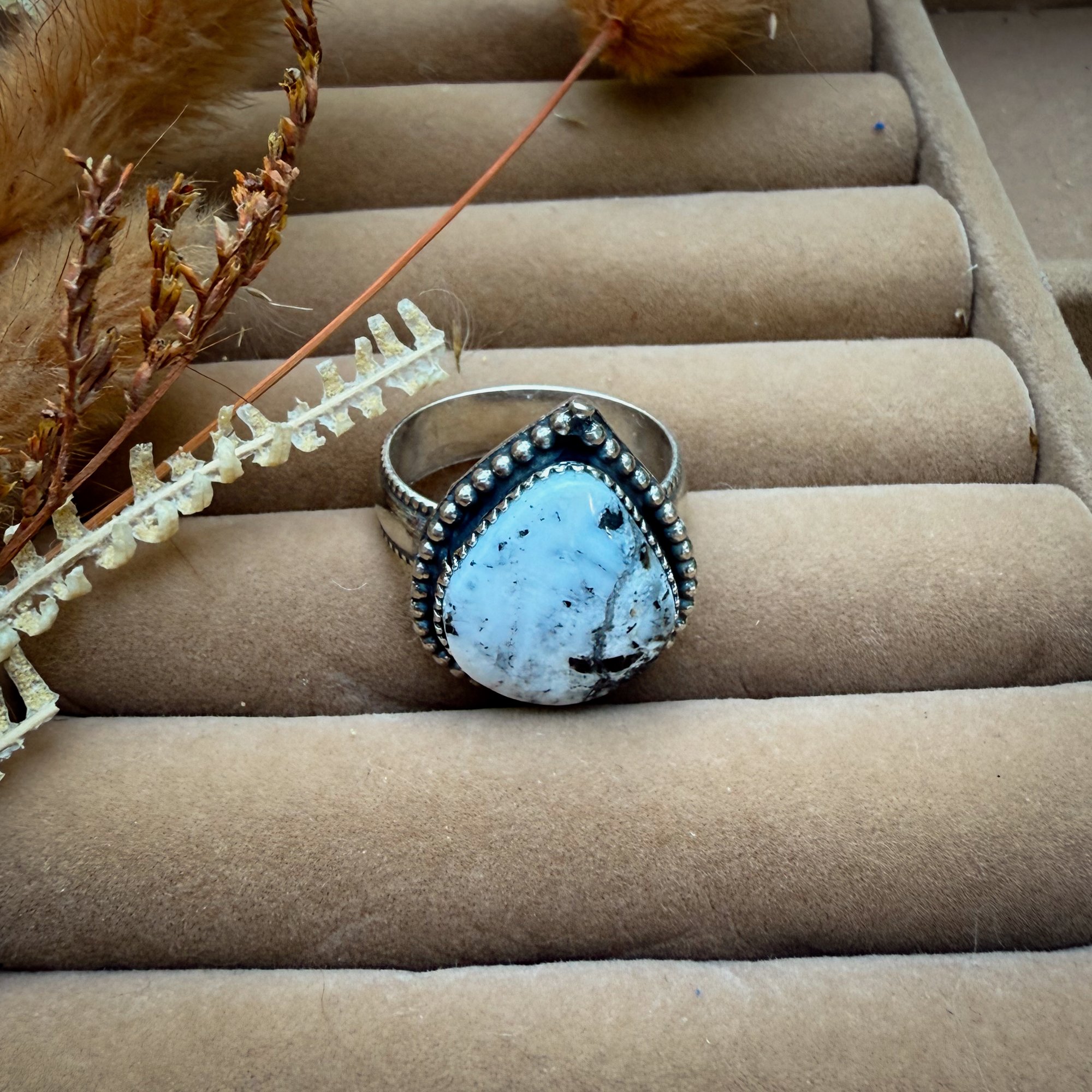White Buffalo Teardrop Ring – Sterling Silver