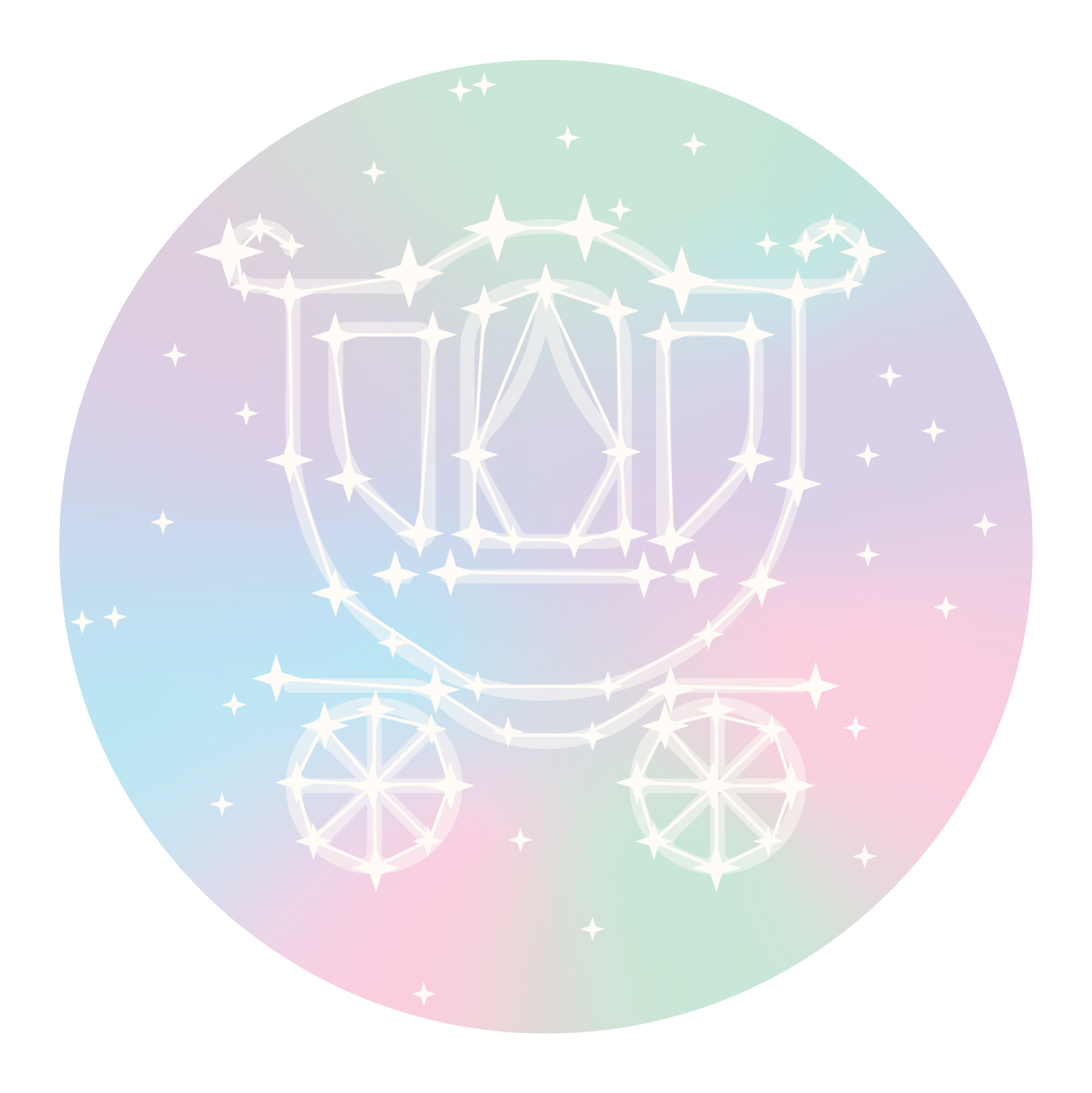 An outline of a toy car decorated with a constellation pattern, set against a pastel rainbow gradient background with small stars.