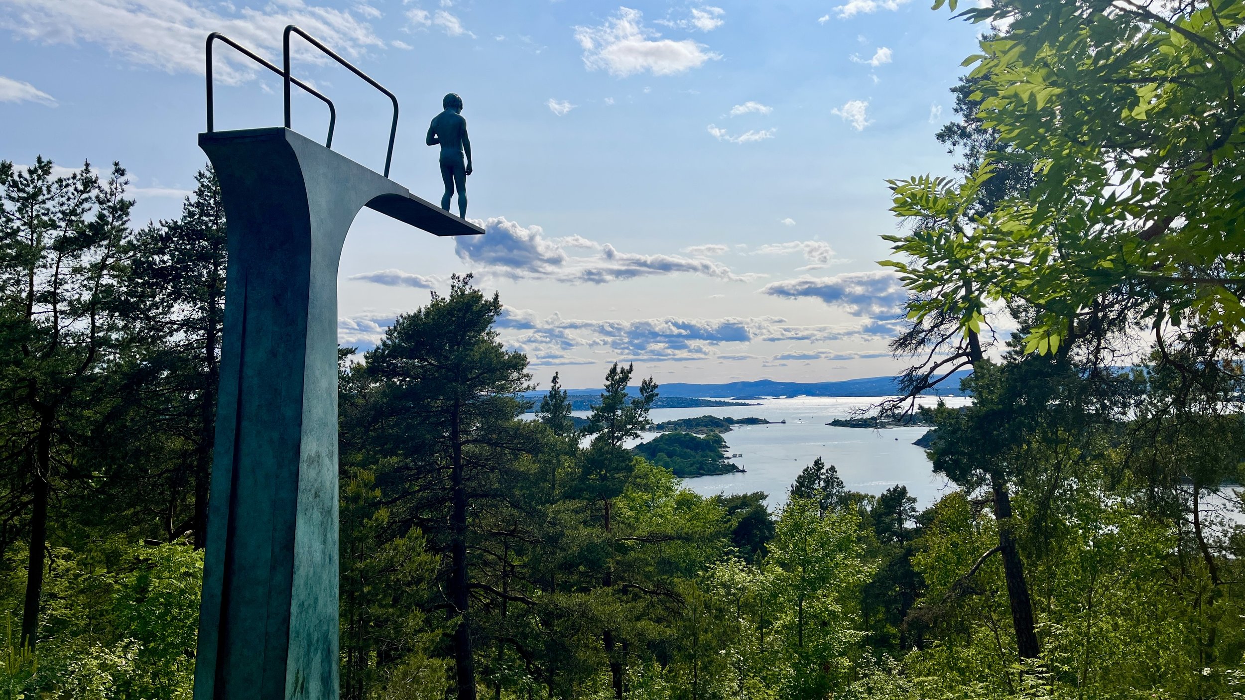 The title of this dramatically-sited sculpture in is “Dilemma.”