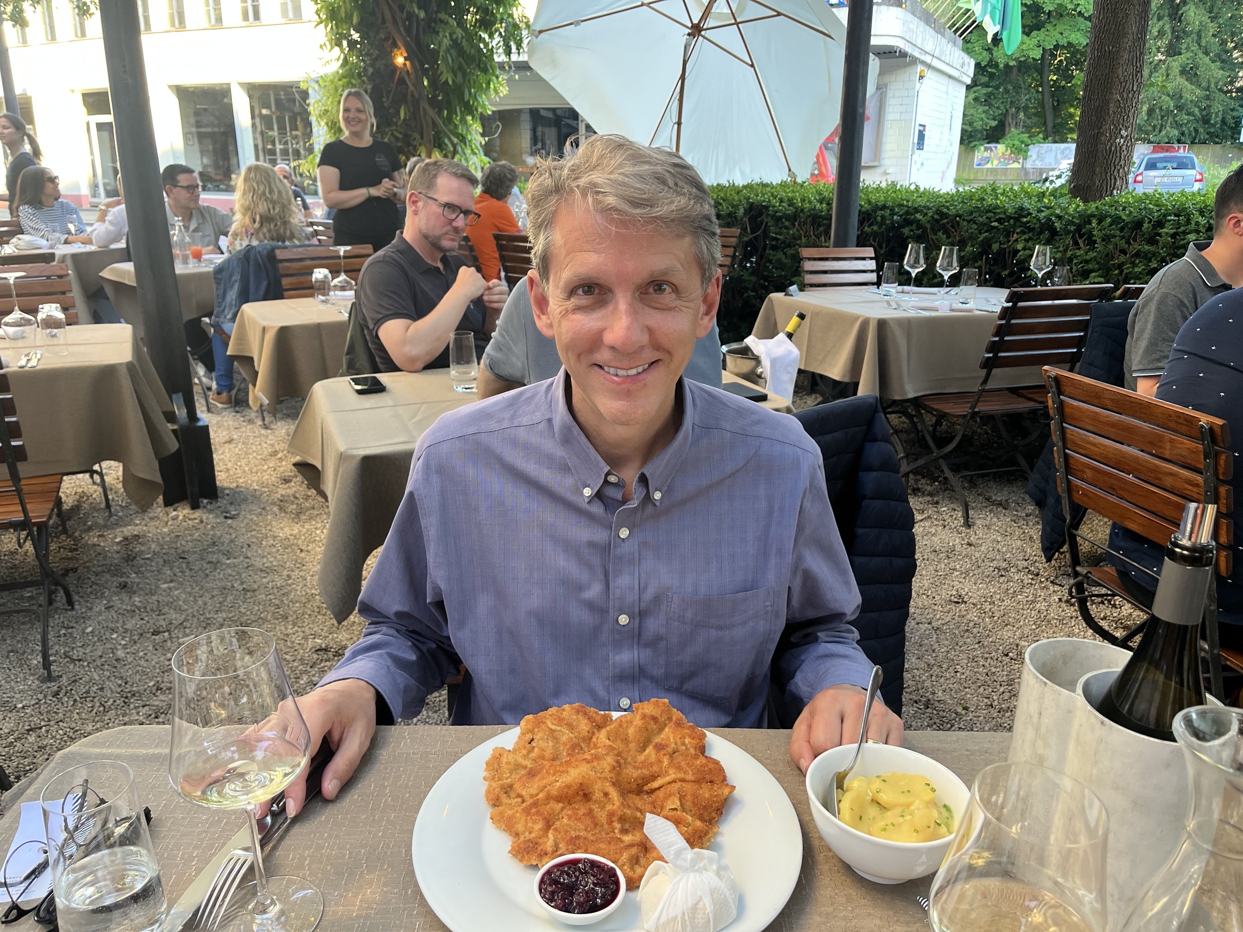After all that mountain climbing we ate at White Castle (Ok, so it was a really nice restaurant named Weisses Schloss). Mike’s dad will appreciate the fact he consumed the whole wienerschnitzel. Another outstanding dinner.