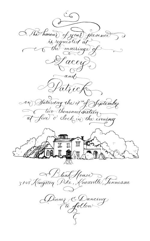 Calligraphy invitations with venue illustration