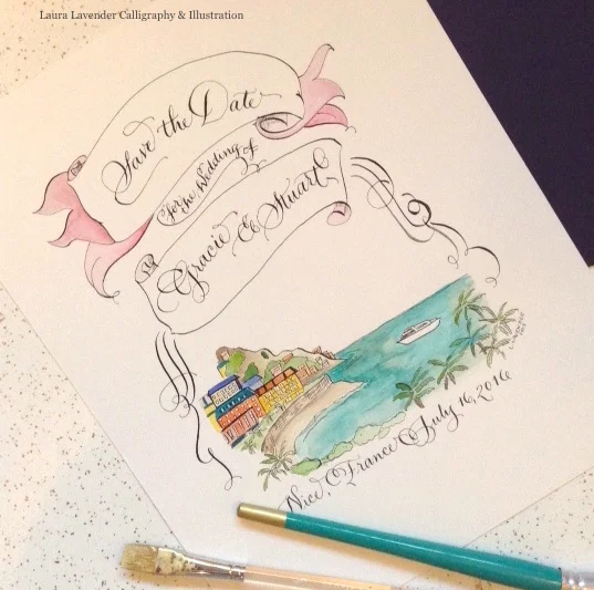 This save the date was done in pointed pen, and water colour.