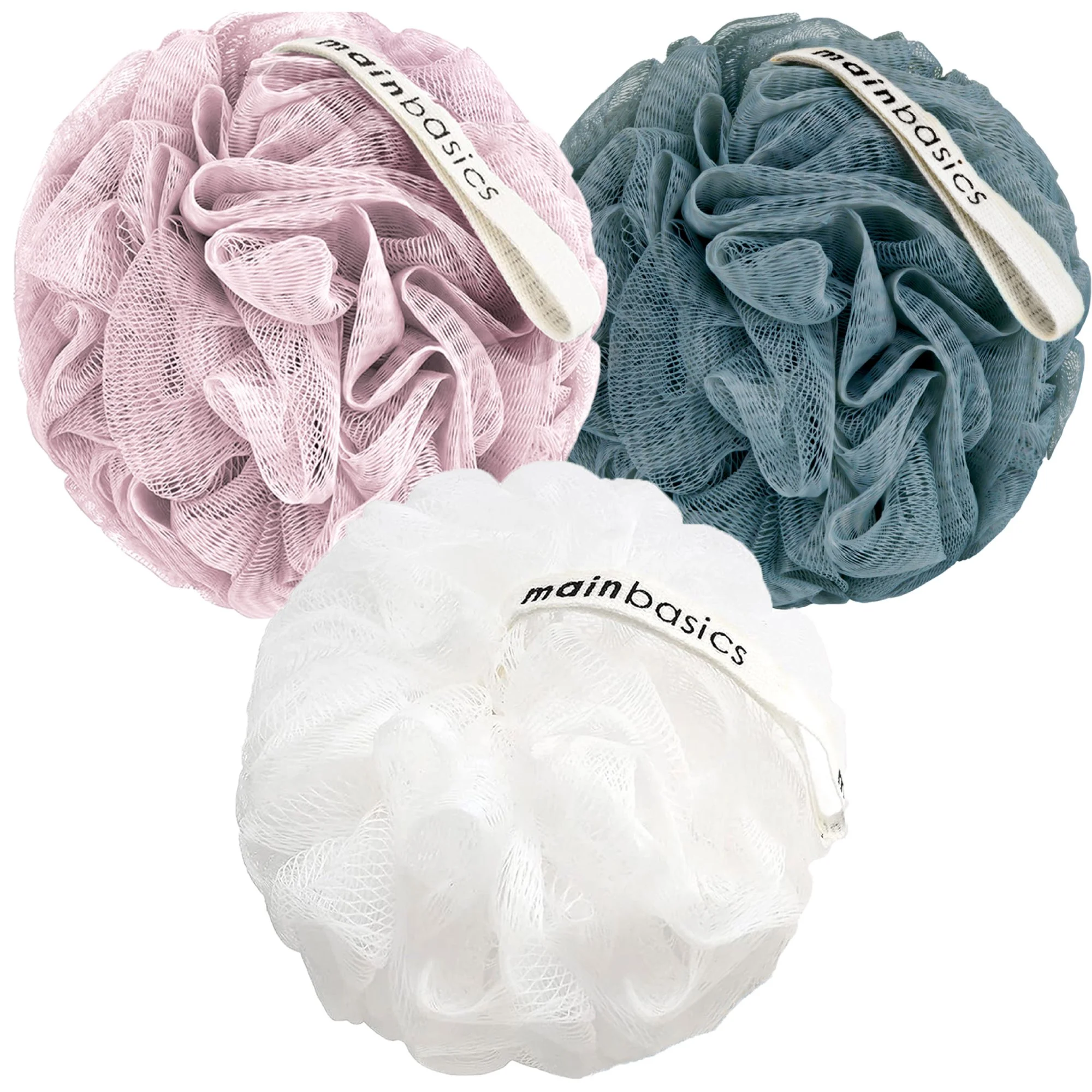 Three mesh bath poufs in pink, blue, and white with tags labeled "main basics"