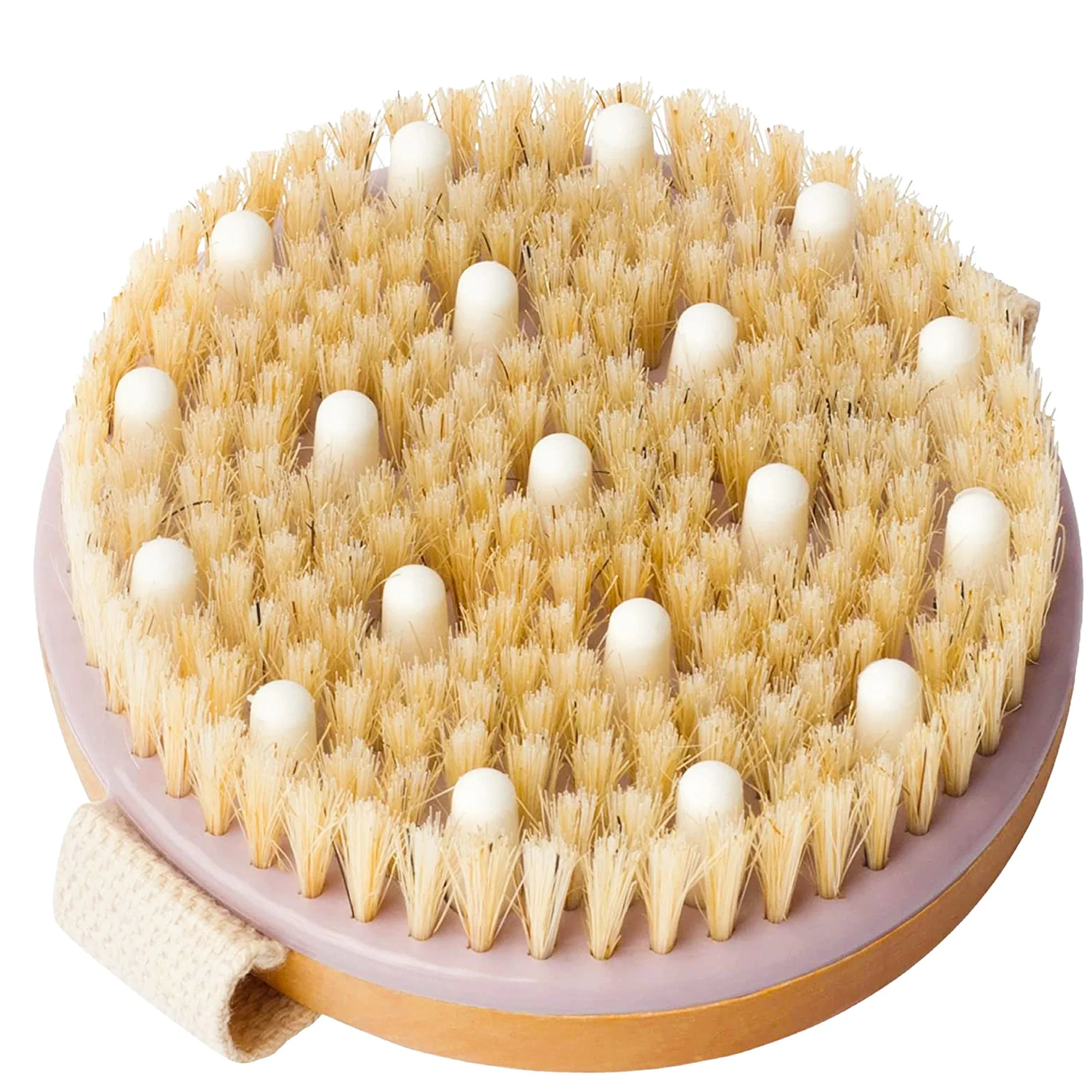 A round wooden brush with stiff bristles and white rounded tips, resting on a soft white towel.