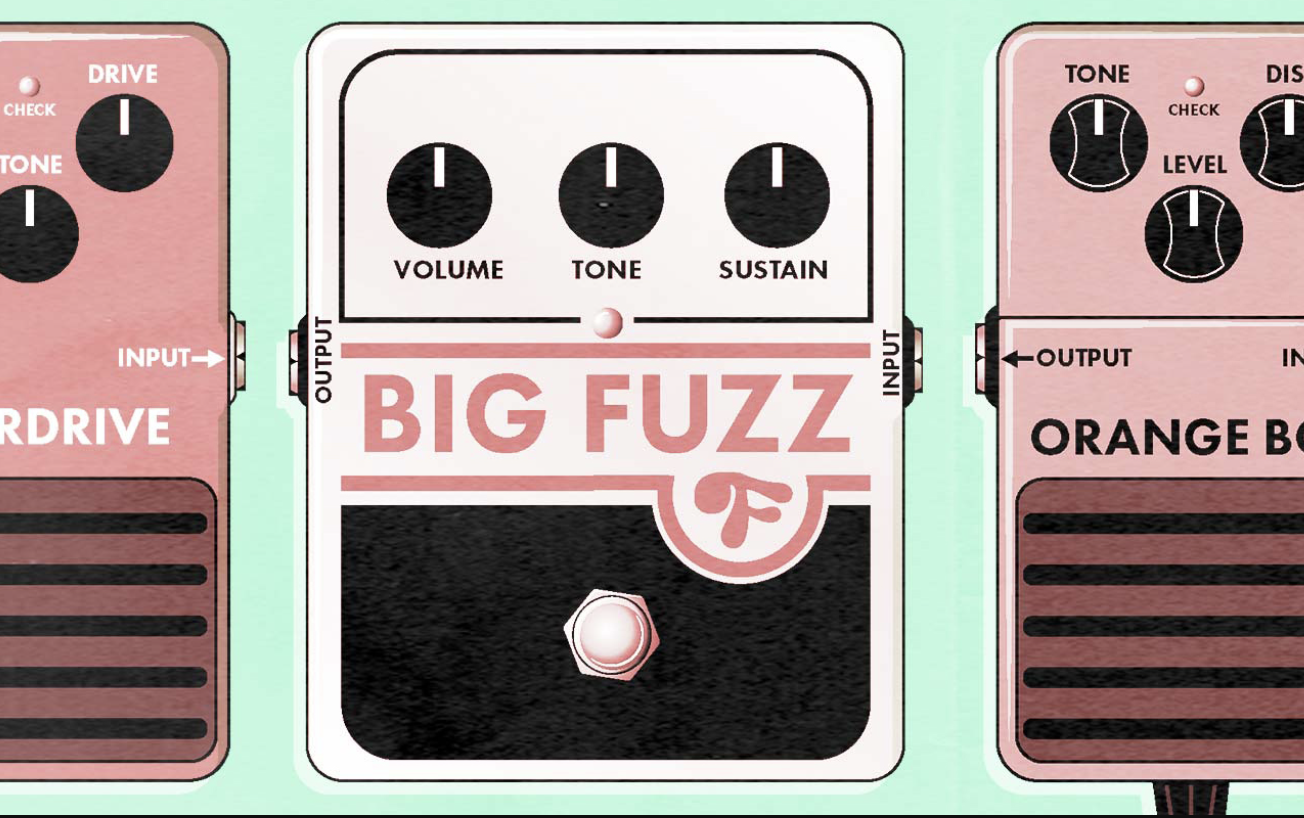 Graphic of three guitar effect pedals, with the middle one labeled 'Big Fuzz', featuring three knobs for volume, tone, and sustain, on a mint green background.