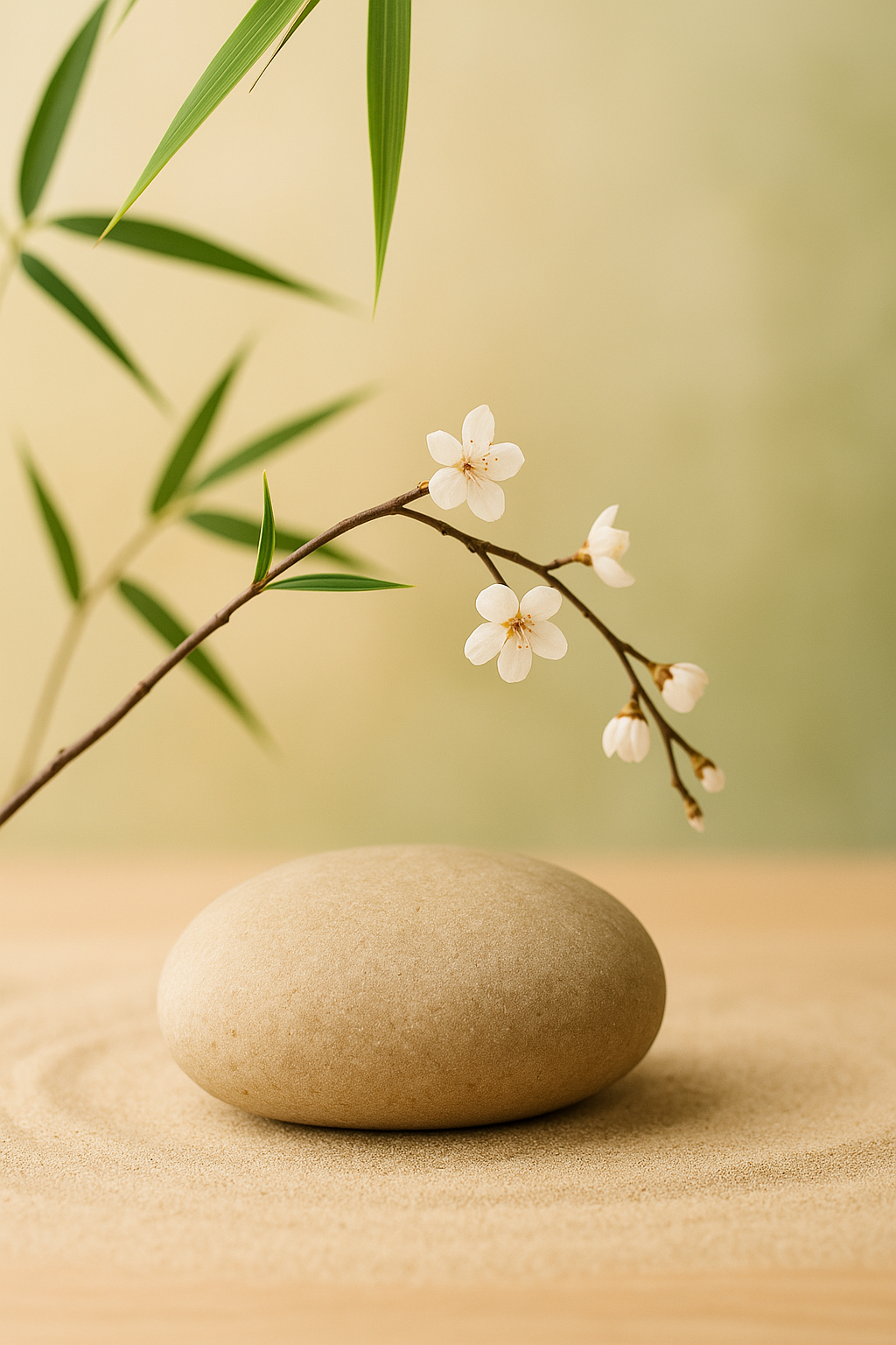 Une branche d'arbre avec des fleurs blanches délicates reposant sur une pierre beige dans un décor minimaliste et apaisant.
