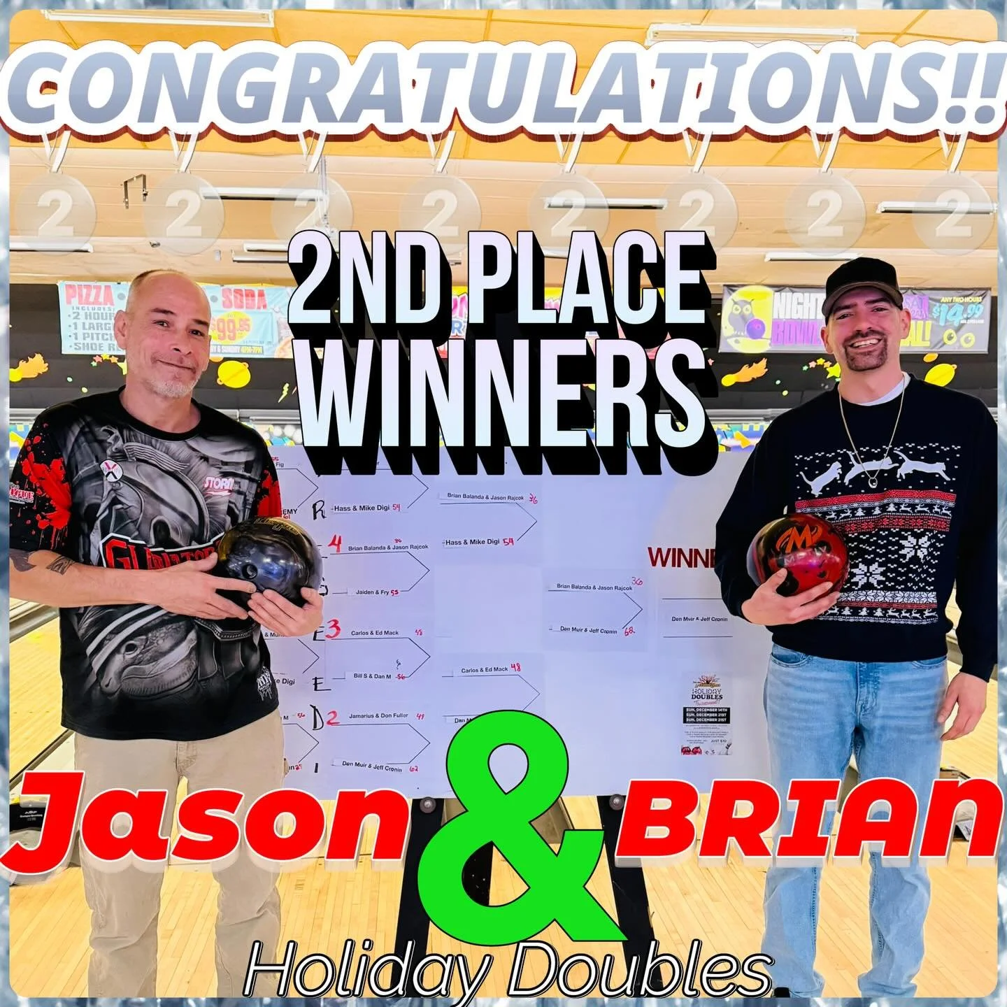 Close up of the runner up champs!! Brian &amp; Jason 🥈🥈 All smiles !! Everyone bowled great today no complaints !! #holidaydoubles
