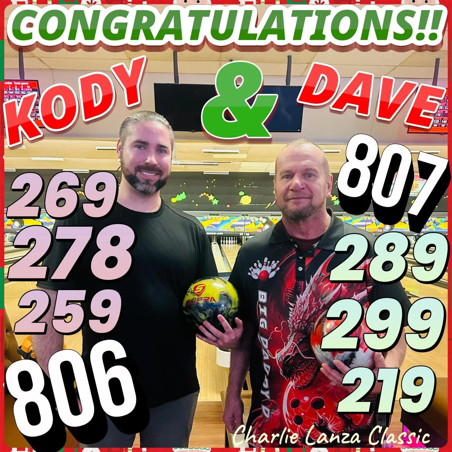 What a way to spend CHRISTMAS this year!
We exciting HIGH SERIES and lots of CHEERS!!! CONGRATULATIONS TO THESE TWO GUYS!! Shooting there FIRST EVER 800+ series tonight #charlielanzaclassic