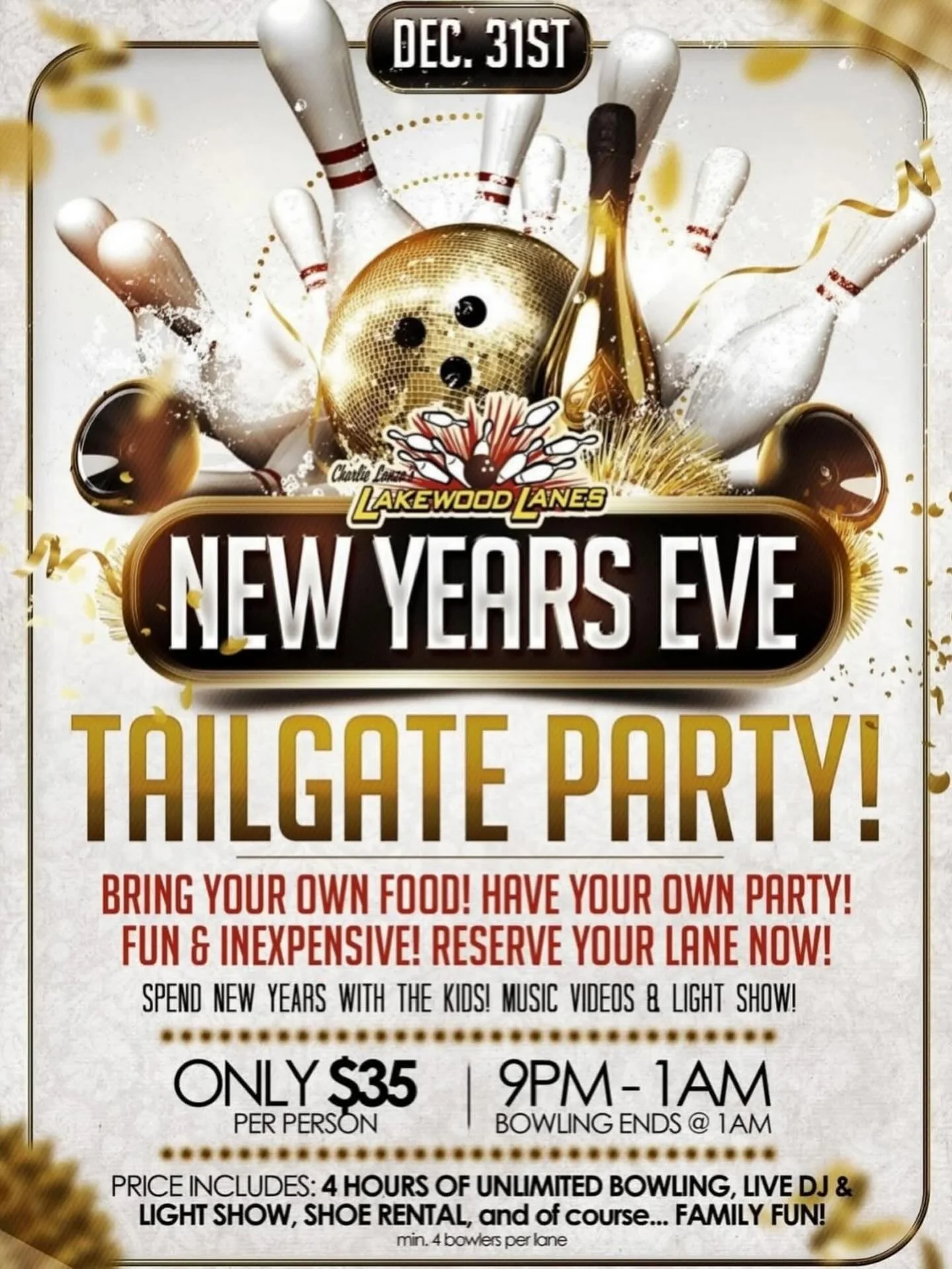 RUNNING OUT OF TIME TO MAKE PLANS!?!? LAKEWOOD LANES IS HERE FOR YOU!! Join are tailgate party!!!! 9pm-1am.  We have a few lanes left !!! 
CALL NOW!!! RESERVE YOUR LANES TODAY!!!!!