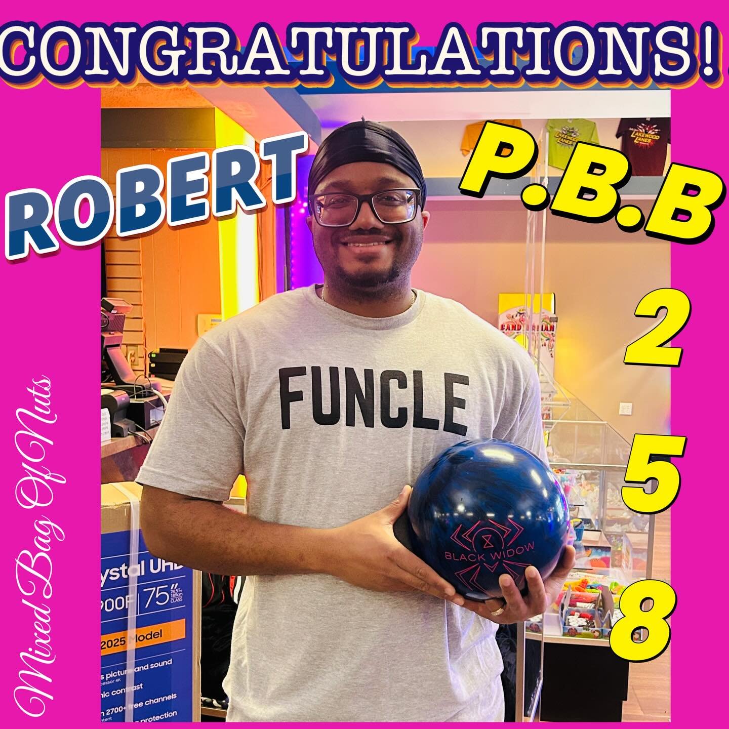 🚨PERSONAL🚨BOWLING🚨BEST🚨 CONGRATULATIONS Robert !! Hitting your new HIGH GAME in bowling !!! NEW YEAR, NEW BOWLER!! Watch out!!! #mixedbagofnuts