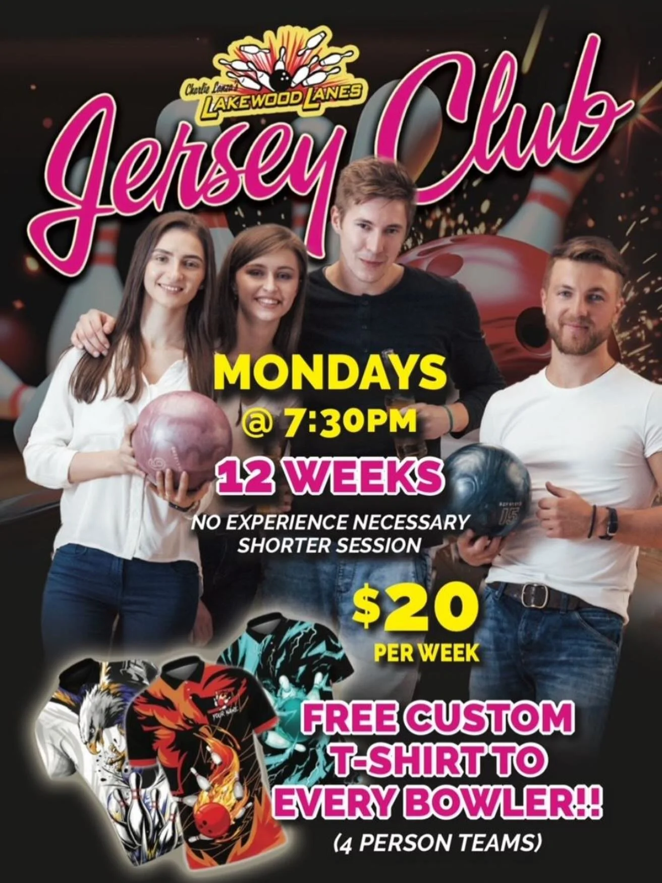 🚨NEW🚨AND🚨EXCITING🚨 COMING MONDAYS @7:30  JERSEY CLUB LEAGUE!! Grab some buddies (4 per team) unwind from your pesky Monday back to work!! Have some drinks and smash some pins!! Everyone gets their own custom bowling jersey!!