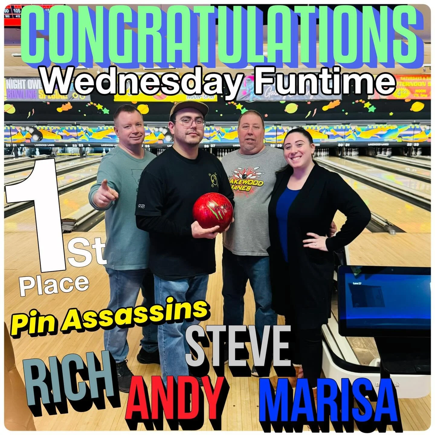 🚨FIRST🚨1/2🚨WINNERS🚨 CONGRATULATIONS TEAM 6 Pin Assassins 
Taking first place for the first 1/2 of the season !!! #wednesdayfuntime