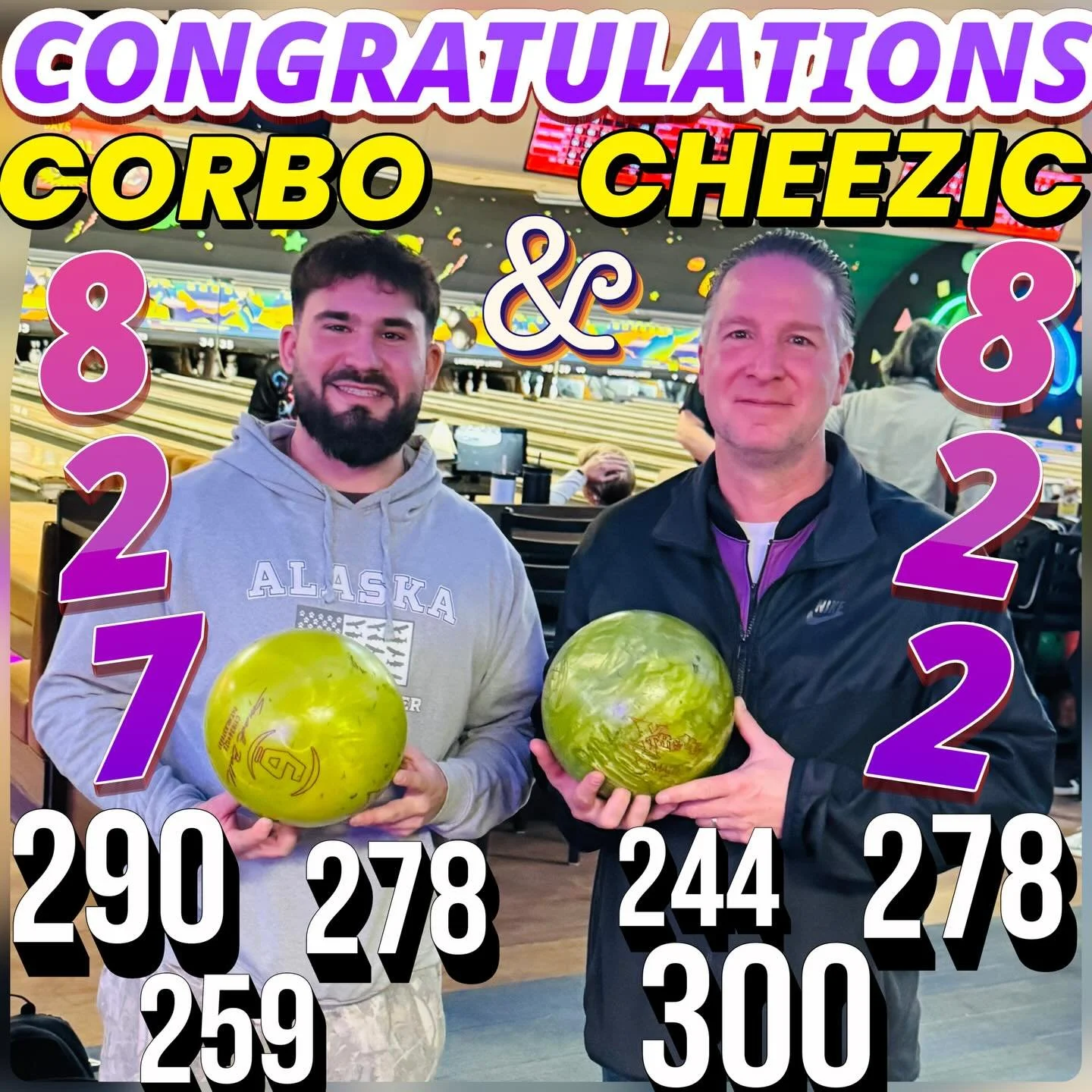 🚨OUTSTANDING🚨BOWLING🚨ALERT🚨
Good thing these two weren&rsquo;t bowling each other it would have been a battle!!! CORBO with a HOT 827 290-278-259 🔥 followed by CHEEZIC 822  244-278-300  taking the last cash prize 💰. Also he goes 278 and lost to