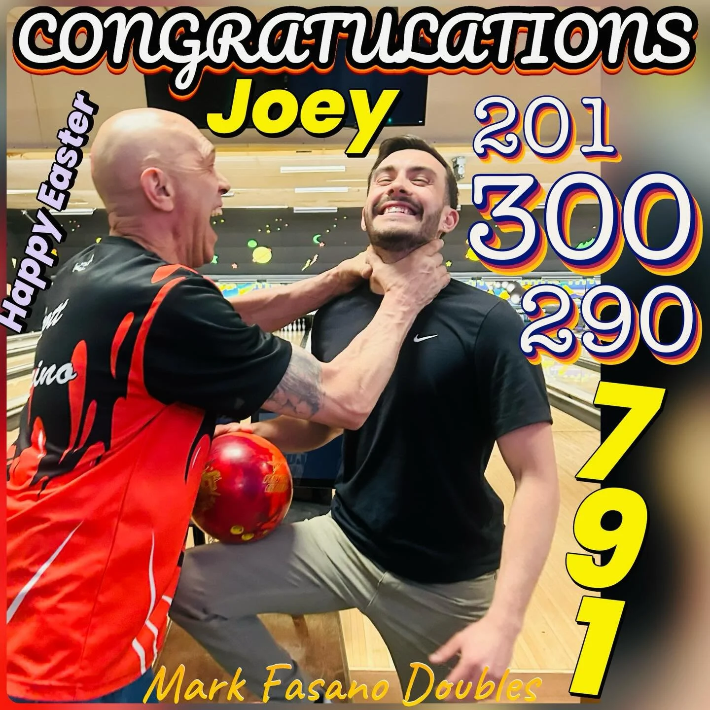 🌷AWESOME🌷BOWLING🌷ALERT🌷ANOTHER GREAT EASTER SUNDAY MORNING ROLLING!! Congratulations Joey!! Rolling a nice 201 300 290 for a 791 series. Against Scott Marino shooting a 257 247 259 for a 763 series!! Definitely a good match !!! #markfasanodoubles