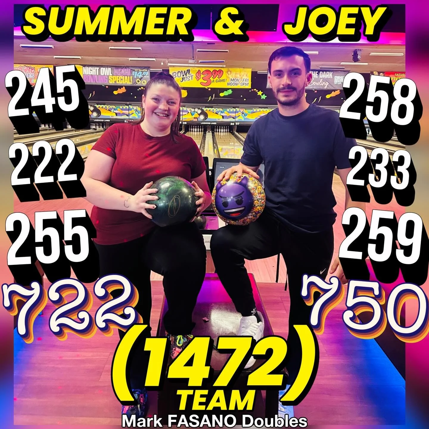 🚨AWESOME🚨BOWLING🚨ALERT🚨 1st CONGRATULATIONS TO SUMMER NEW PERSONAL BEST FIRST EVER 7+ series with. 722!!! Followed by her partner and brother JOEY 750!!!! FOR A HIGH TEAM SERIES 1472!!!! JOEY ALSO HAD A VARIPAPA 300!!! Out of 2 games he had 22 of