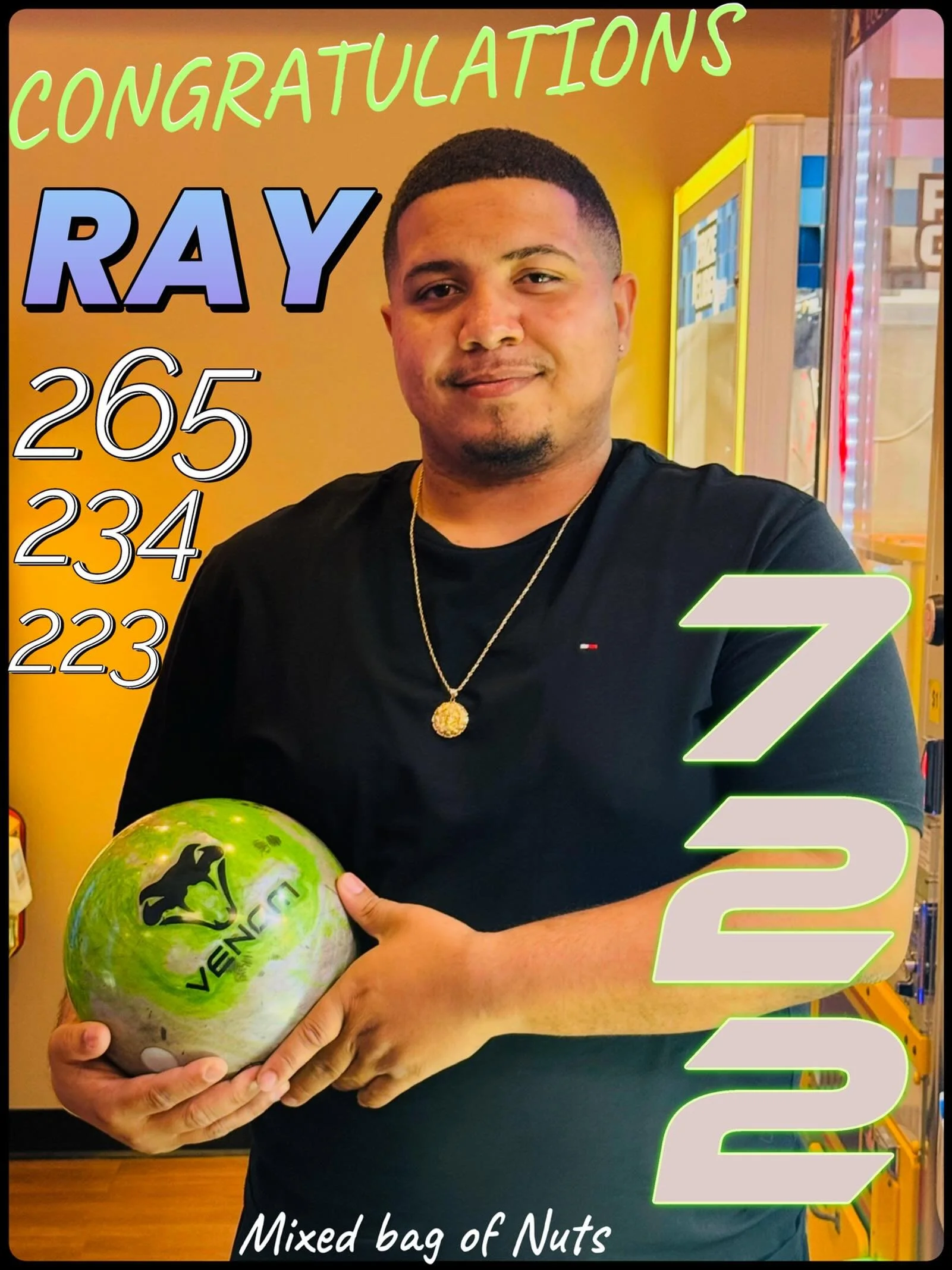 👏PERSONAL👏BEST👏🚨ALERT🚨
CONGRATULATIONS RAY Rolling another personal best !! First ever 7+ series with a 265 234 223 for a total of 722!!!! #mixedbagofnuts🥜