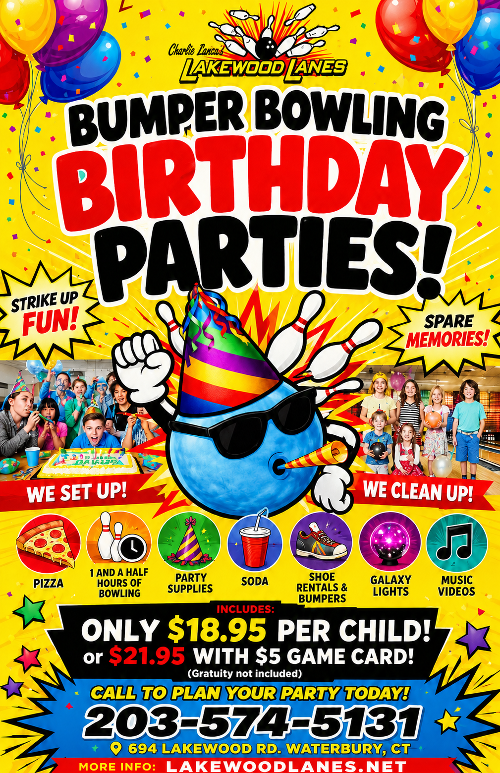 Colorful poster for Bumper Bowling birthday parties at Lakewood Lanes, featuring a cartoon bowling ball with sunglasses and a party hat, surrounded by balloons, confetti, and images of children celebrating. Details include pizza, bowling, party supplies, soda, shoe rentals, galaxy lights, and music videos, with pricing and contact information.