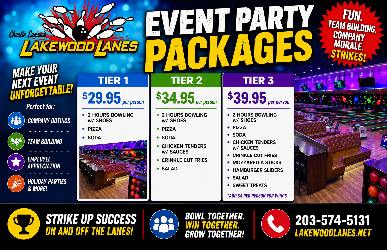 A colorful promotional flyer for Lakewood Lanes bowling alley presents event packages with three tiers priced from $29.95 to $39.95 per person, including options for company outings, team building, and employee appreciation, with details on activities and menu items, and contact information at the bottom.