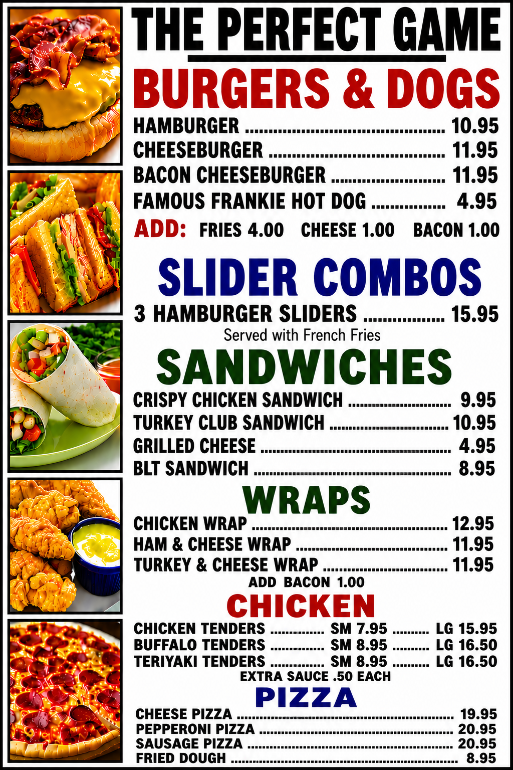 Menu featuring burgers, hot dogs, sliders, sandwiches, wraps, chicken, and pizza with prices listed.