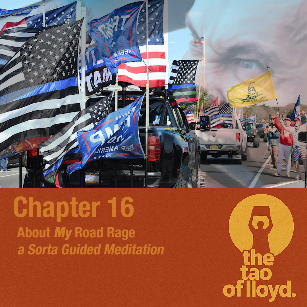 A line of cars decorated with American flags and Trump flags, with people waving flags on the side of a road during a parade or rally. A large overlay with text reads: 'Chapter 16 About My Road Rage a Sorta Guided Meditation' and includes a yellow ci