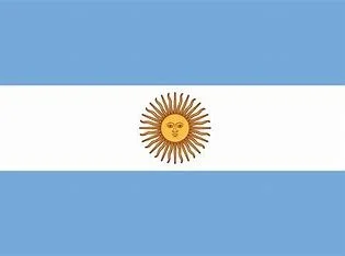 Flag of Argentina with three horizontal stripes in light blue, white, and light blue, featuring a sun with a face in the center of the white stripe.