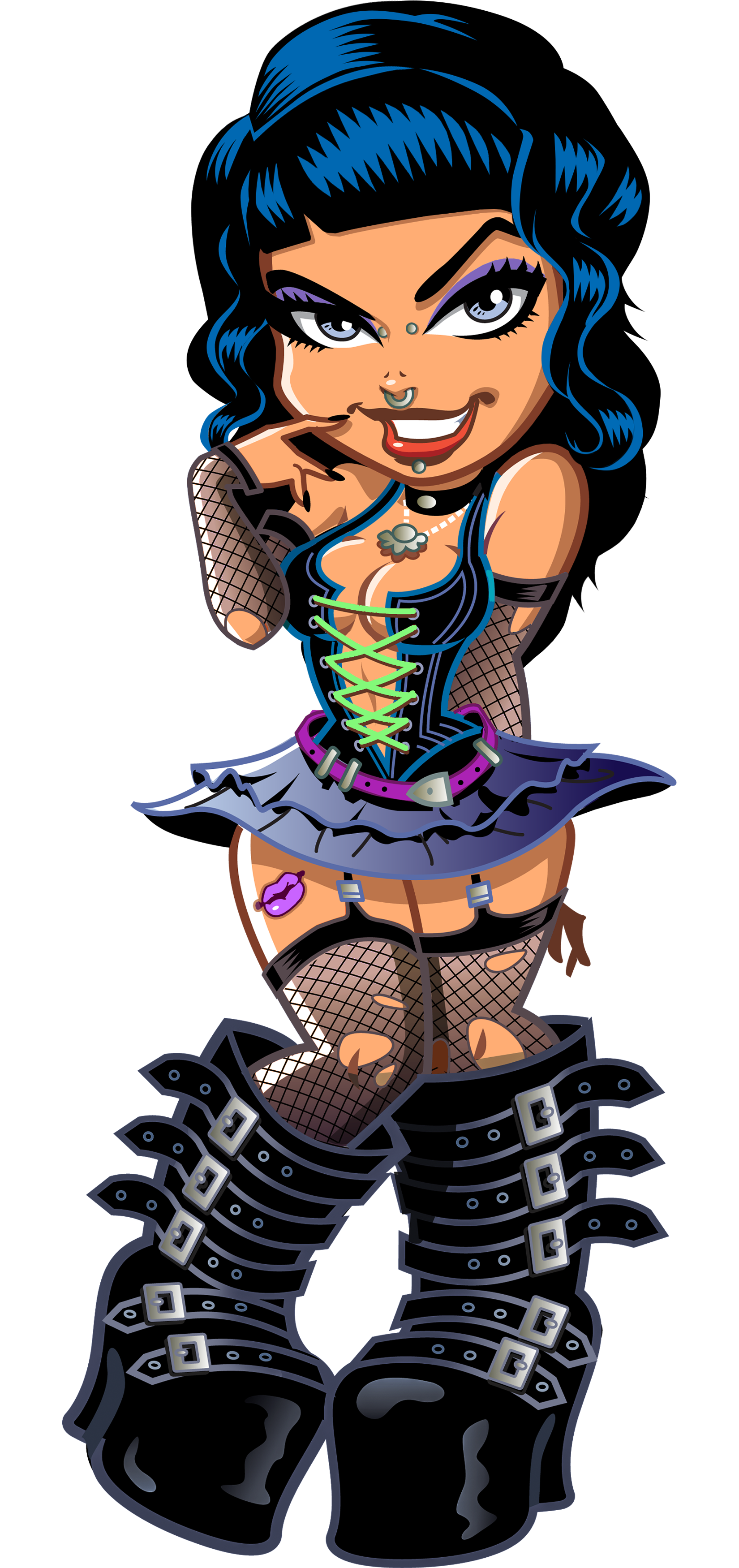 A cartoon girl with blue and black hair, large eyes, and punk/goth style clothing, wearing fishnet stockings, a corset top, and accessories like piercings, choker, and bracelet, sitting on a reflective surface.