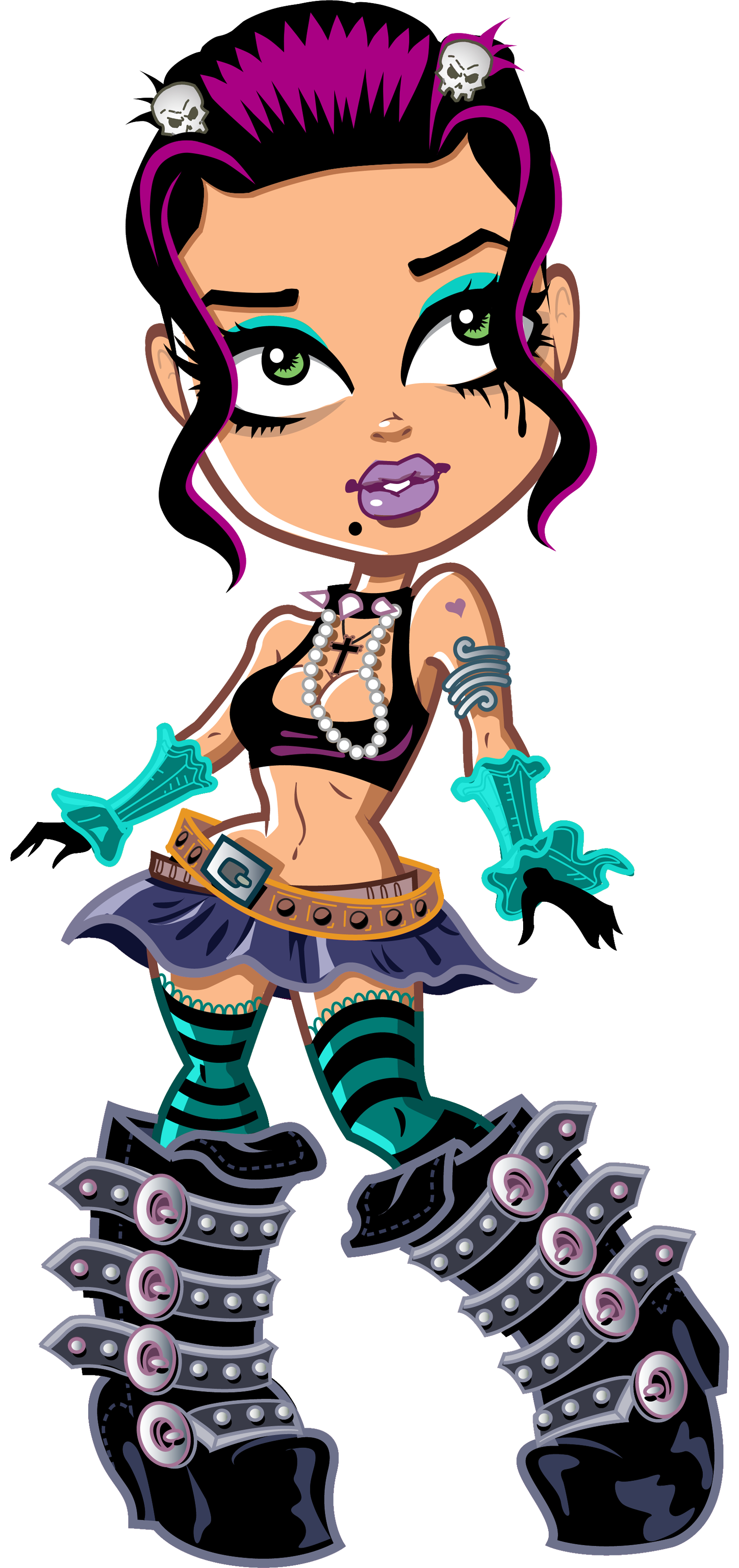 Cartoon girl with spiked purple hair, skull accessories, green eyes, and purple lipstick, wearing a black crop top with a pearl necklace, a ripped skirt with a belt, striped socks, and rollerblades with dollar signs, standing against a colorful background.