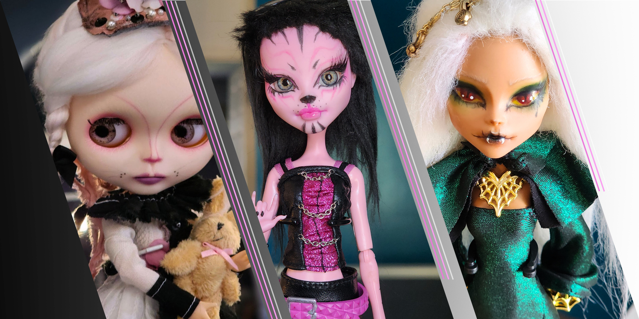 custom blythe Pinkie Pie the Bunny Girl, custom Monster High Kalista Rocker Kitty, custom Monster High Cordelia Empress Vampire of Emerald
