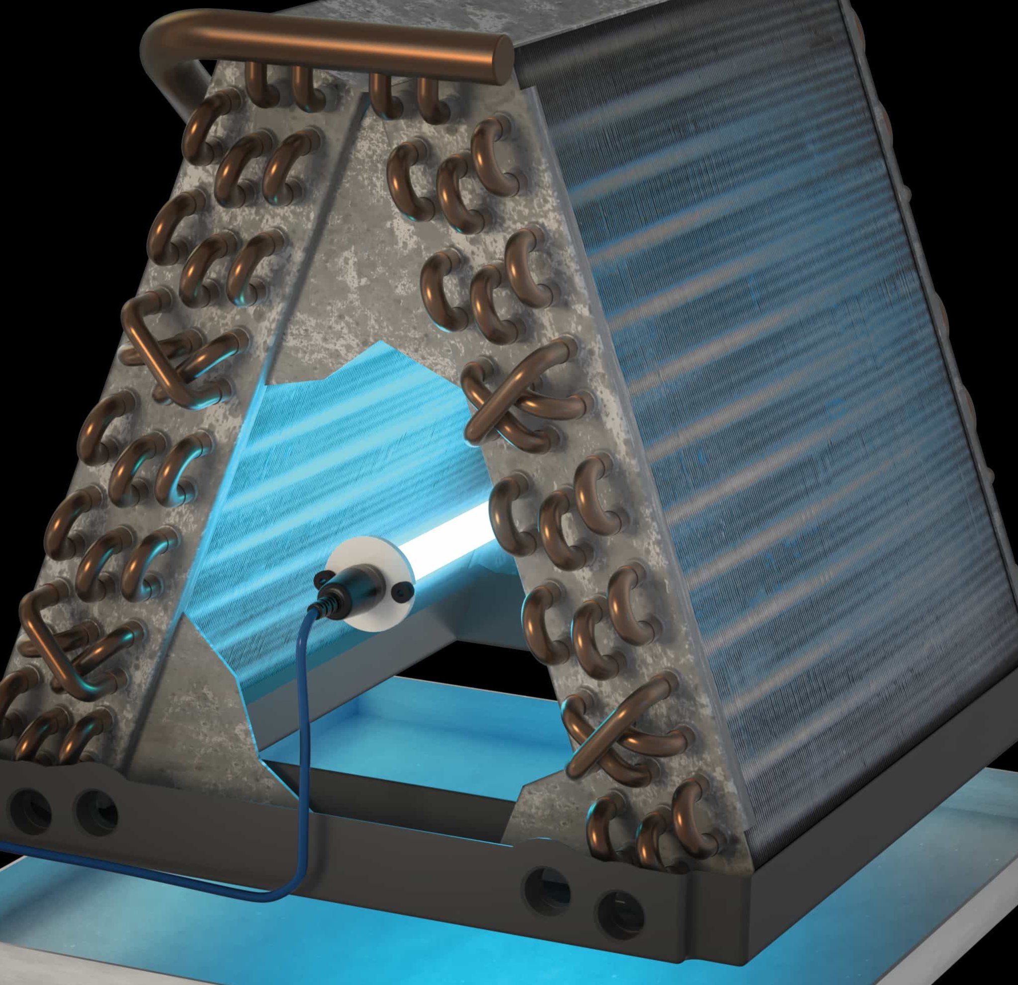 An ultraviolet light installed inside the air handler coil to prevent bacertia and mold from growing there