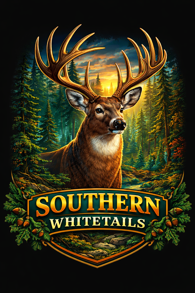 Illustration of a majestic deer with large antlers in a forest at sunset, with the text "Southern Whitetails" on a decorative emblem with oak leaves and acorns.
