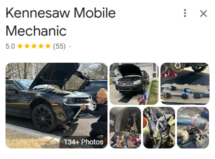 Photos of a black Dodge Challenger with its hood open, a mechanic working on the engine, and various automotive tools and equipment.