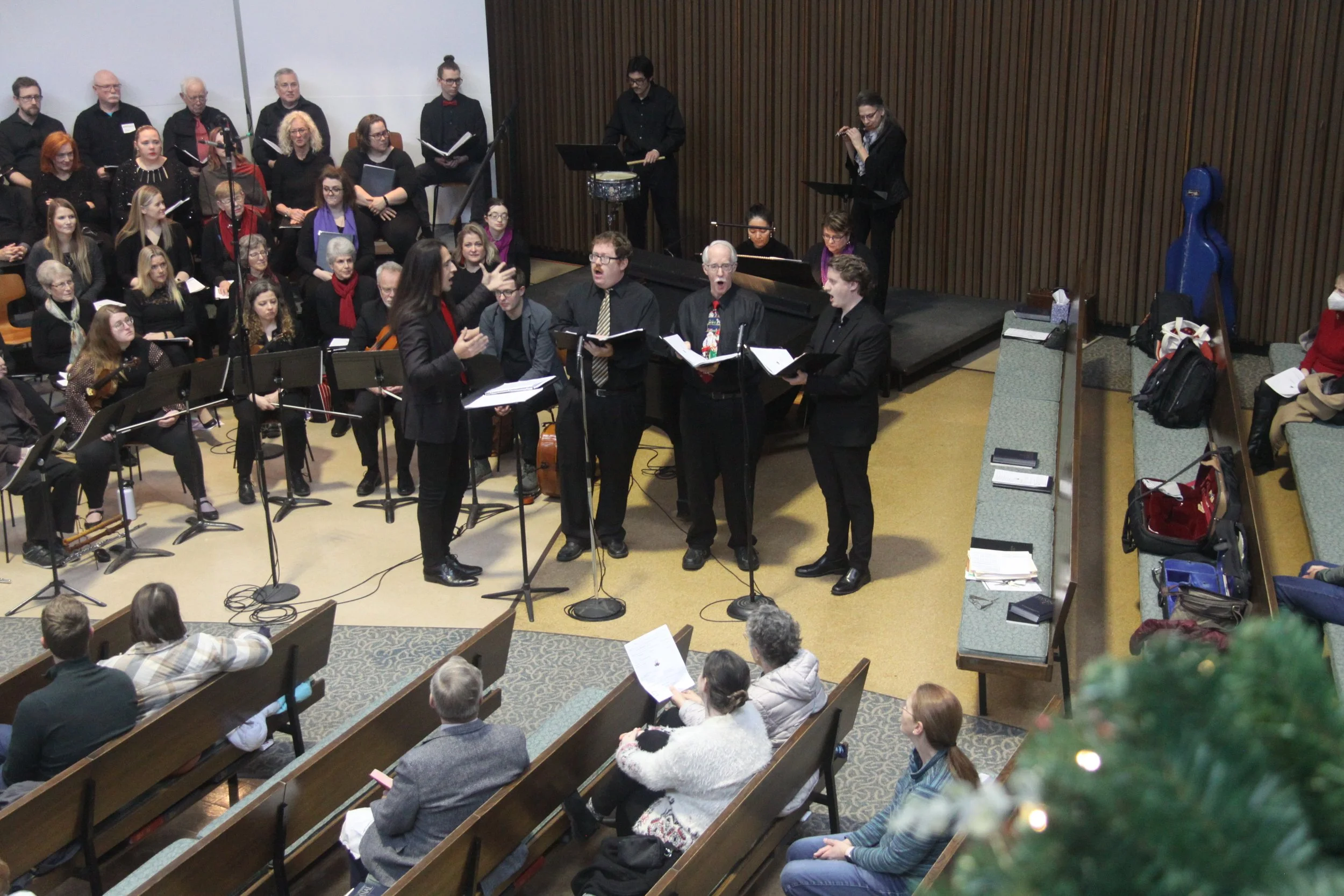 Choir and orchestra performing.