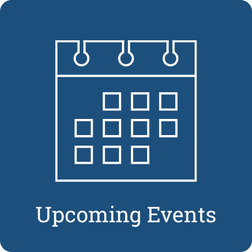 Icon of a calendar with the text 'Upcoming Events' underneath on a blue background.