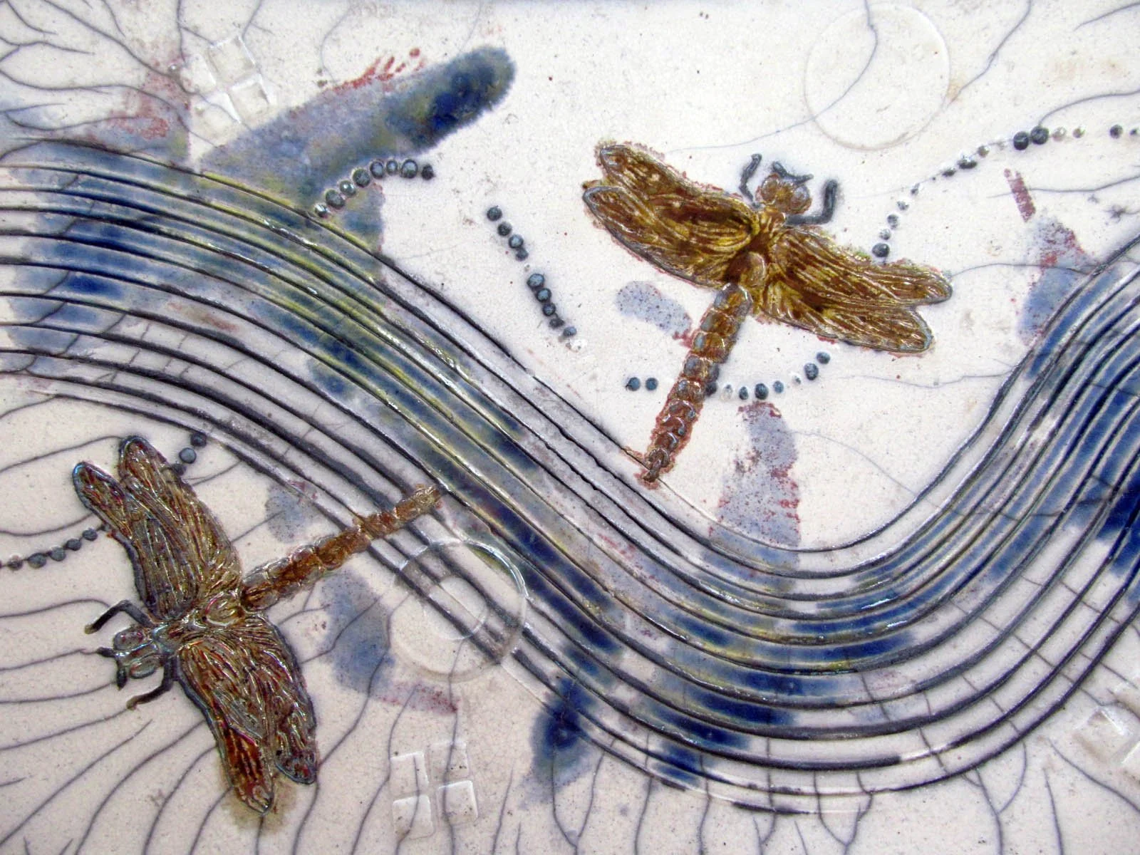 Raku rectangular dragon fly plate detail 2015