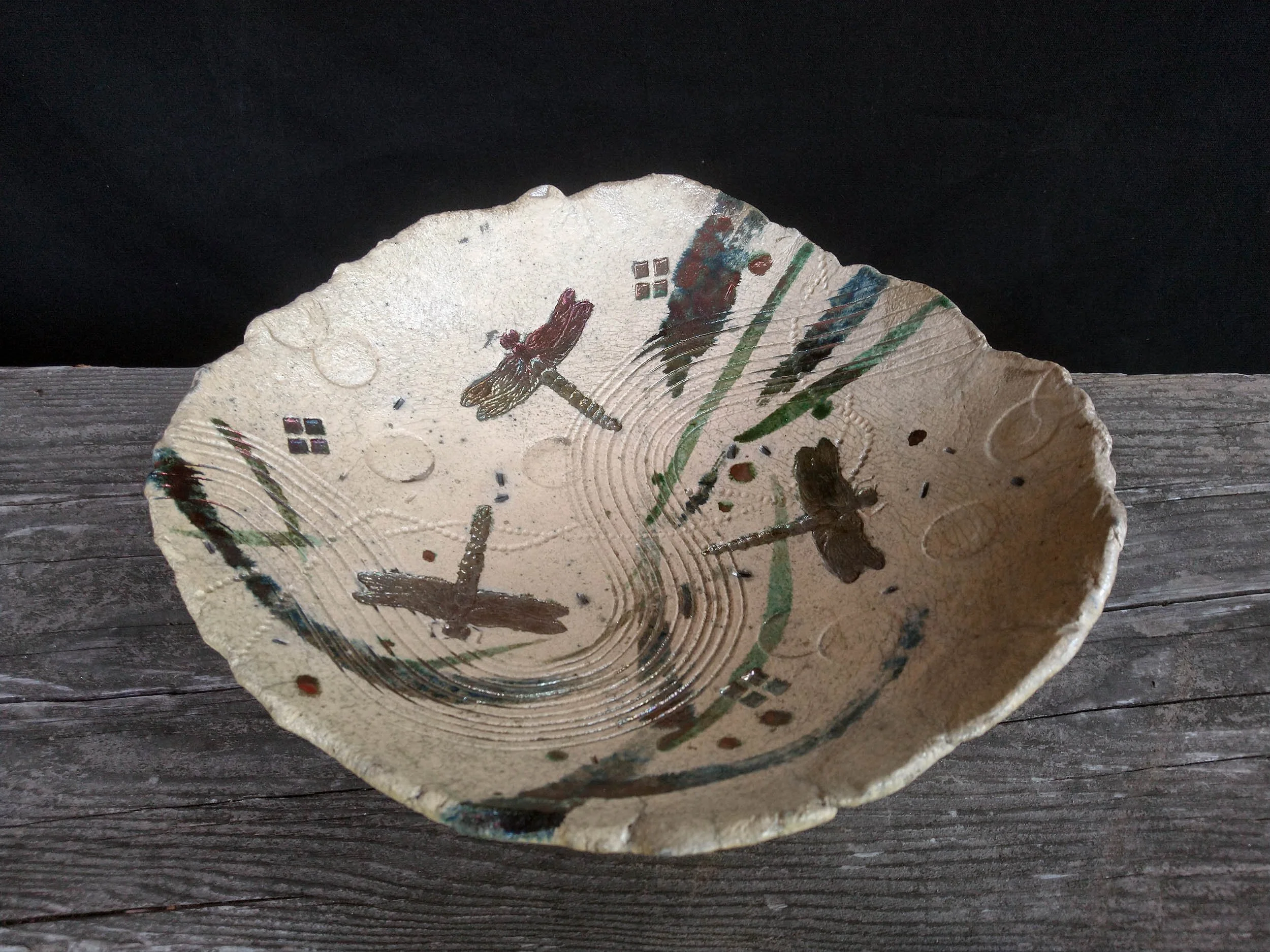 Dragon Fly Center piece Bowl, hand built, fired 2010 30 X 7.6 cm. (12” X 3”)