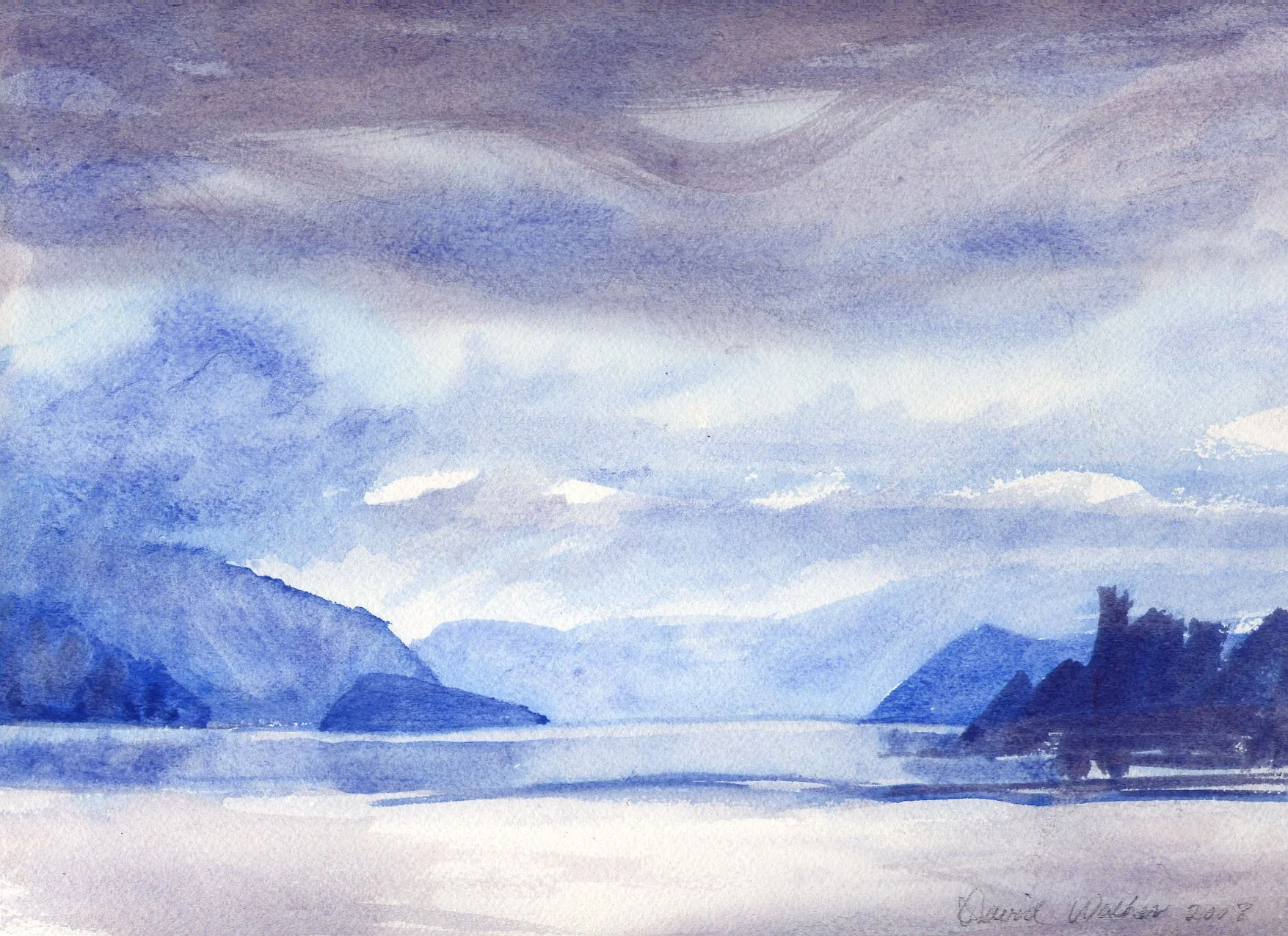 View of Copper Island across Shuswap Lake B.C.,
Water Color on Paper, 2008 30.5 X 22.9 cm .(12” X 9”)