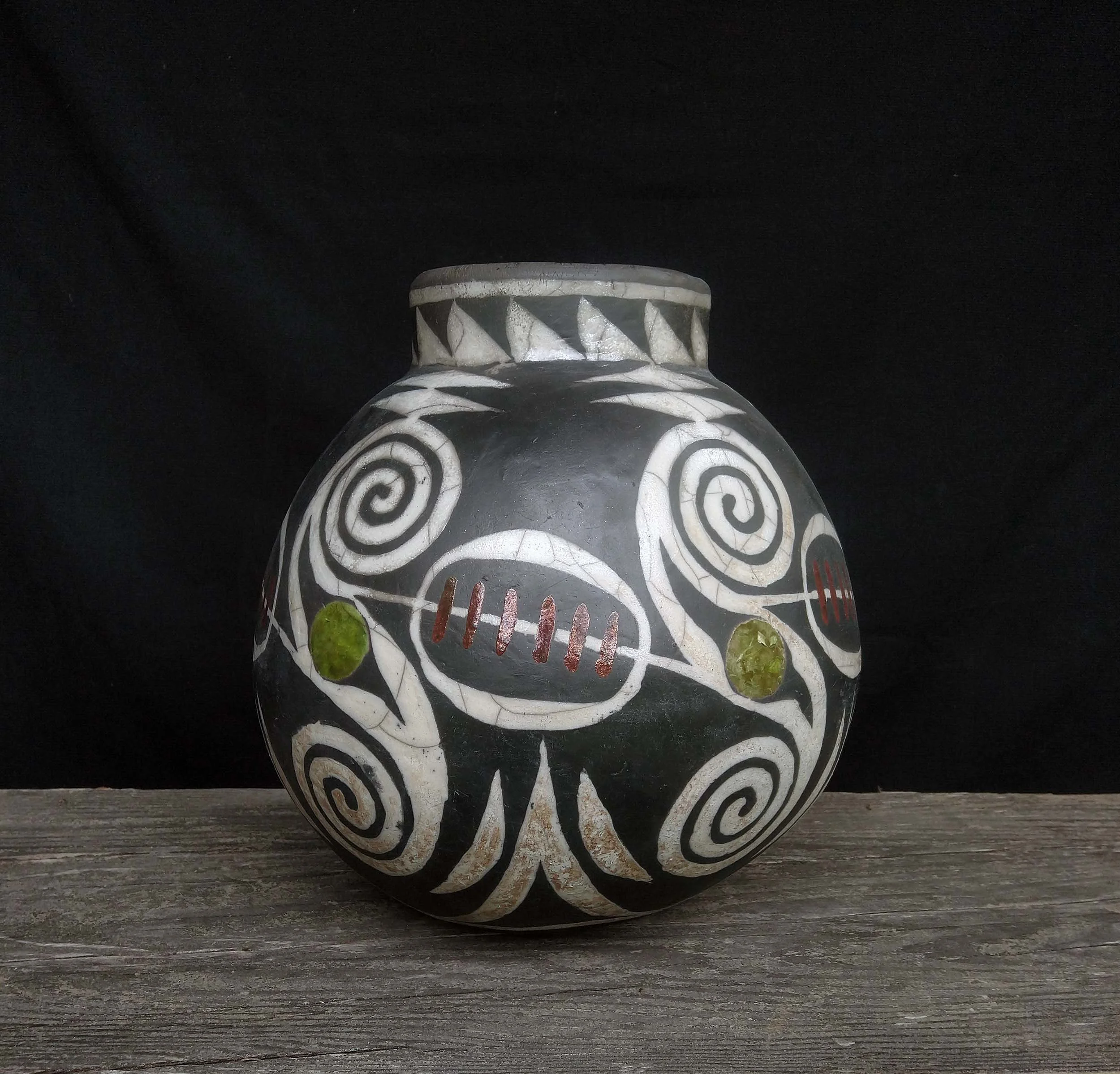 Large Raku Pot, hand built, fired 2013 28 X 24 cm. (11” X 9 ½”)