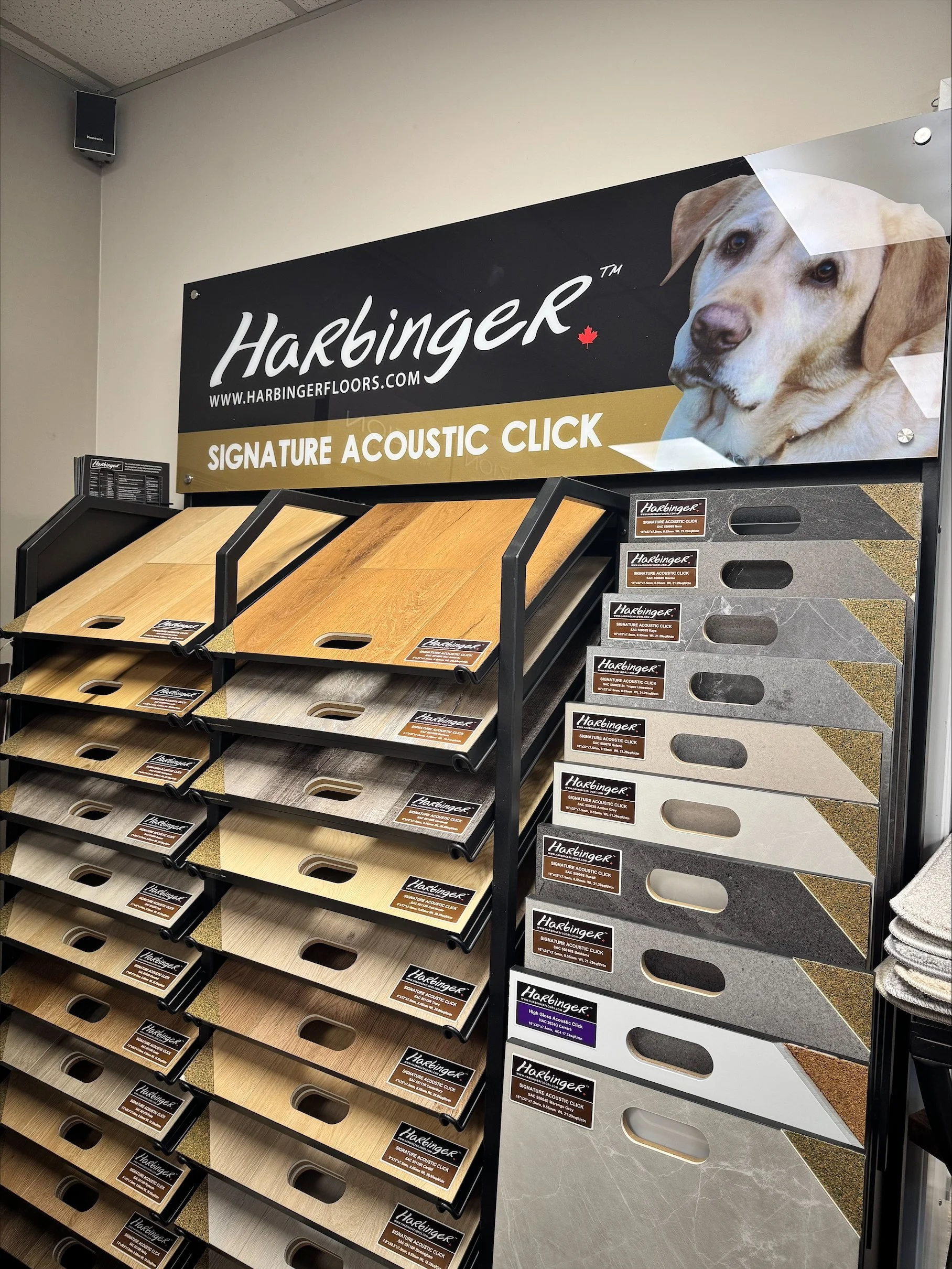 Display of various laminate flooring samples in a store with a sign reading 'Harbinger Signature Acoustic Click' and a picture of a dog.