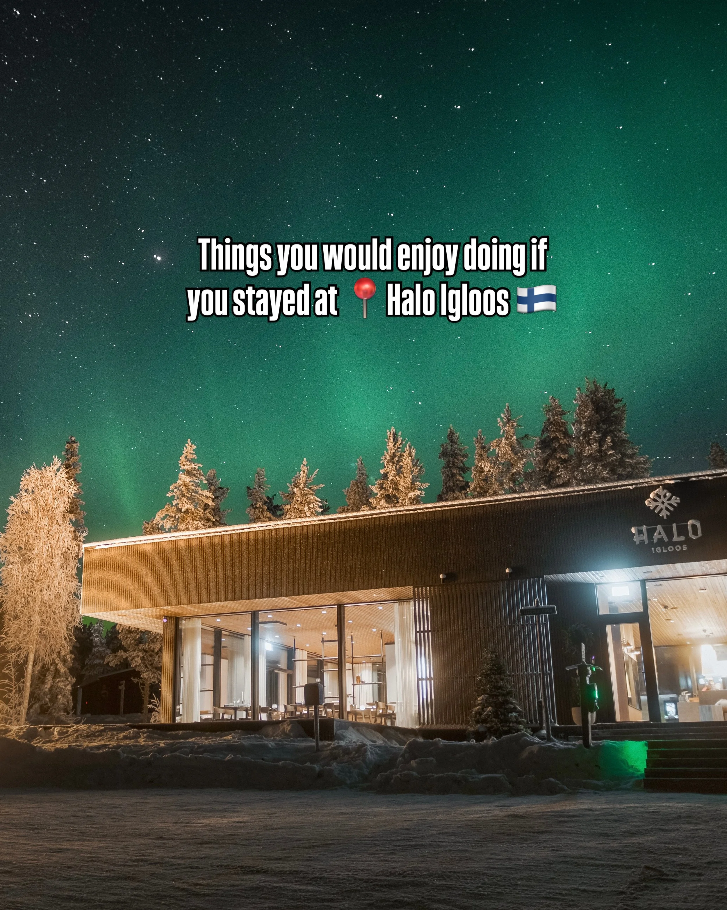 Things you would enjoy doing if you stayed at @haloigloos 🇫🇮❄️🤗

Our resort is located only 18 minutes north of Rovaniemi city and just 12 minutes from the Arctic Circle and Santa Claus Village, our resort offers the perfect balance of accessibili