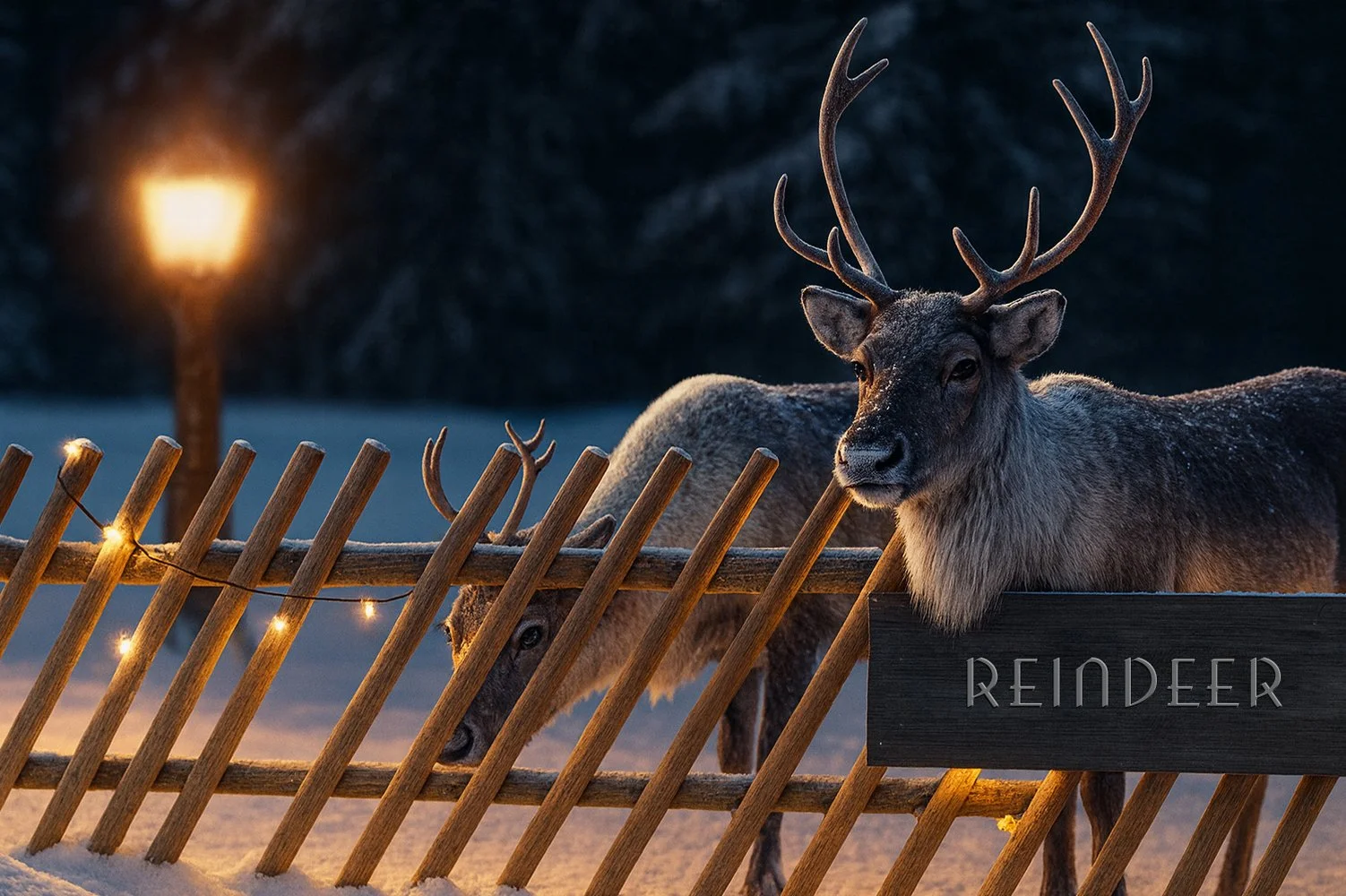 Reindeer behind a wooden fence at Halo Igloos resort in Lapland