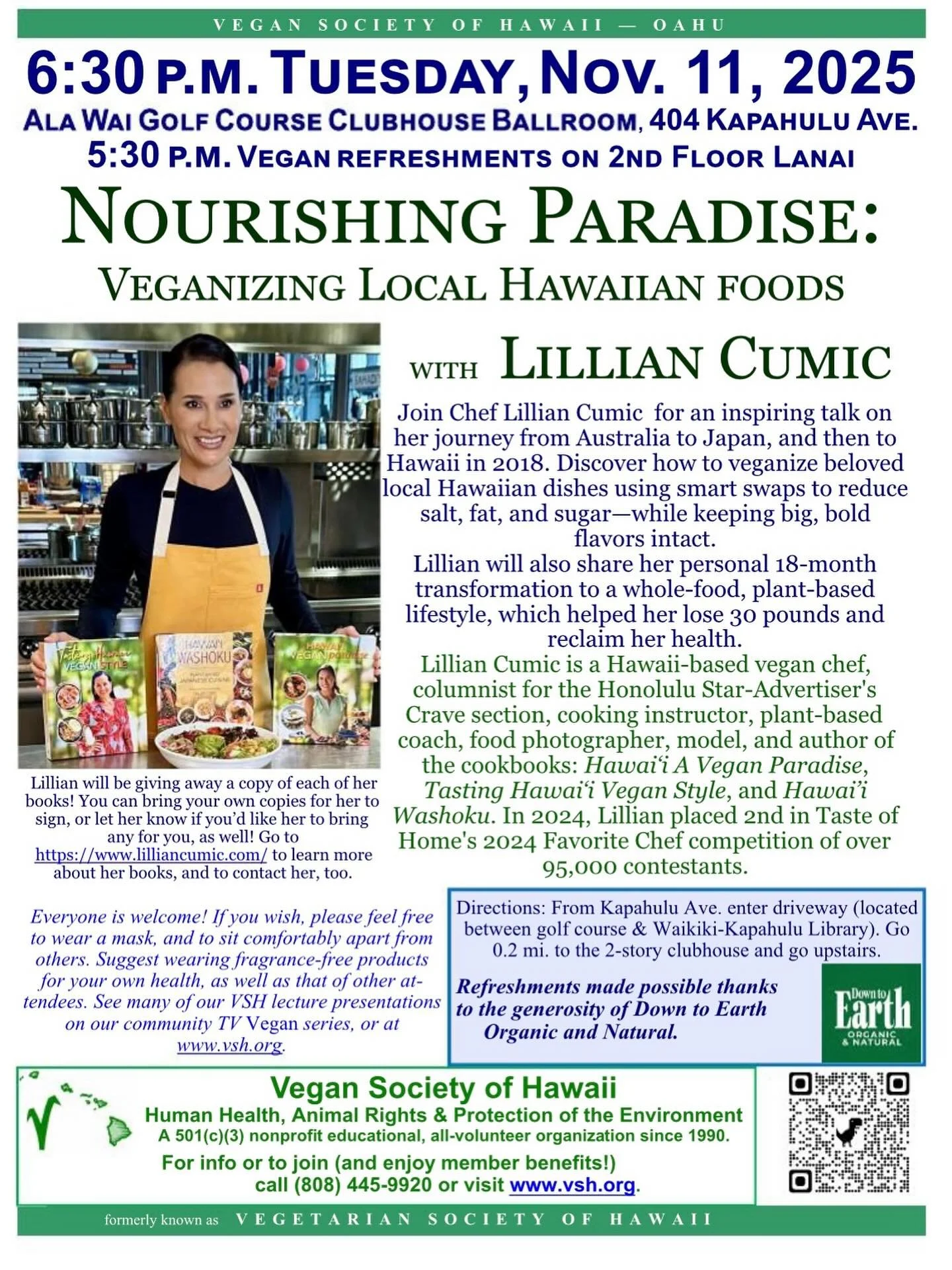 🌱✨ I&rsquo;m honored to be the guest speaker for the Hawaii Vegan Society on Tuesday, November 11!

I&rsquo;ll be sharing my 30-pound weight loss journey &mdash; how I went from a &ldquo;vegan&rdquo; diet to a whole food, plant-based lifestyle &mdas