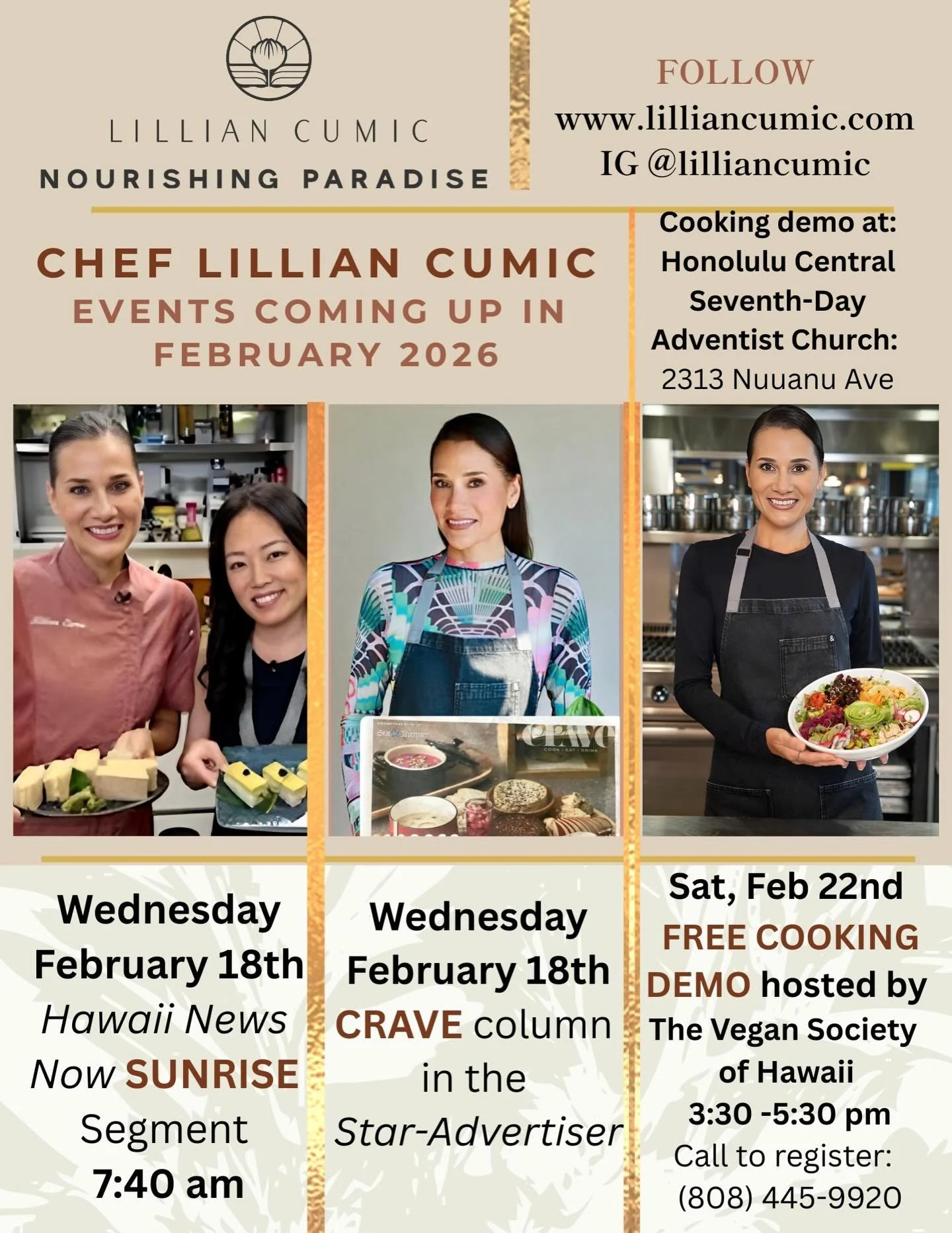February is here and I have a few fun events lined up. I&rsquo;ll be back in HNN&rsquo;s SUNRISE for a segment on turning cashews into cheesey dishes. Also,join me for a FREE live cooking demo hosted by The Vegan Society of Hawaii. Call (808) 445-992