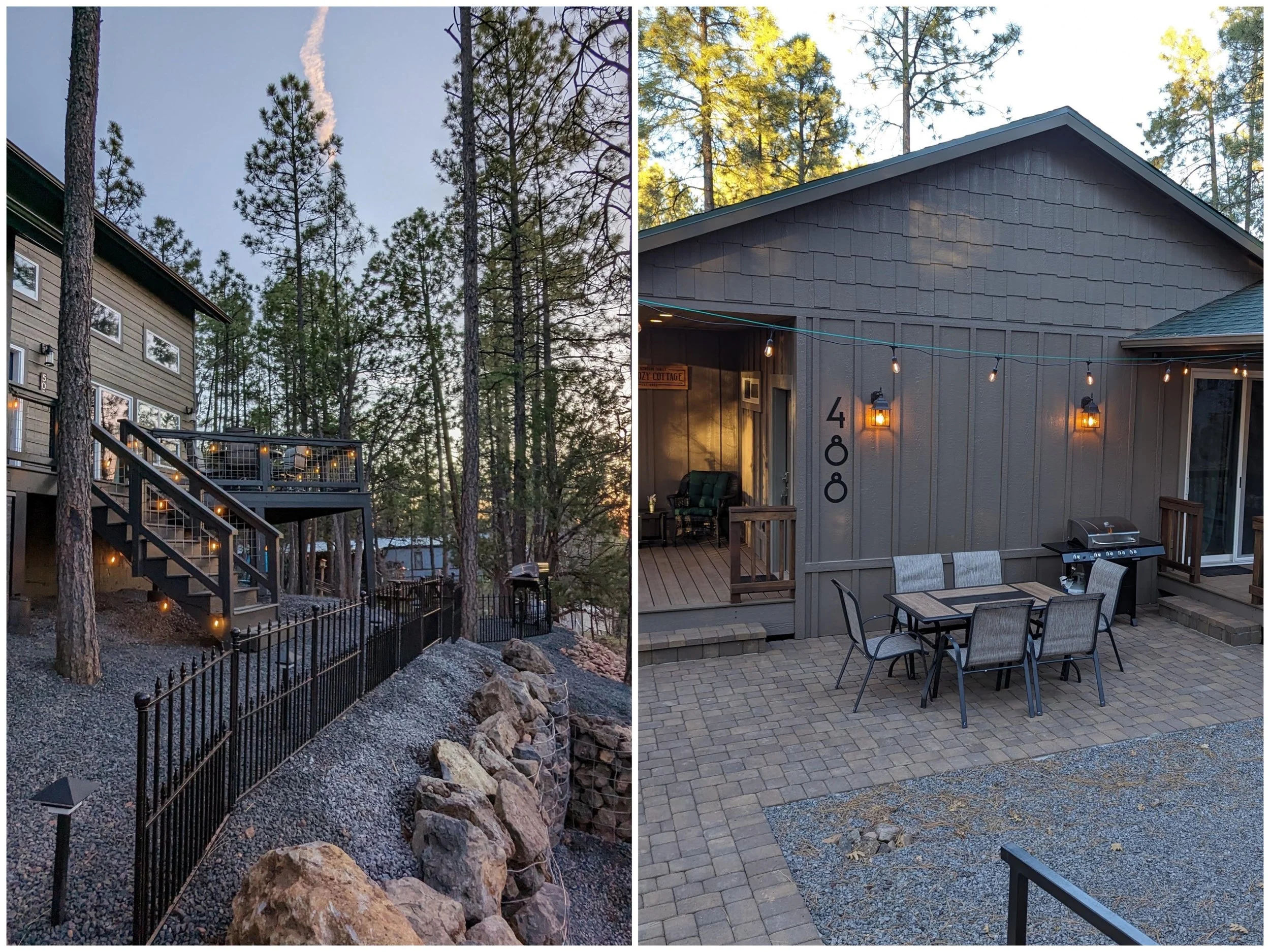 A collage of four photos showing a modern home and outdoor spaces surrounded by trees. The first two photos display the rear and side views of the house, featuring a deck, black railing, stairs, and landscaping with rocks and gravel. The third photo shows a backyard patio with a dining table, chairs, and string lights. The fourth photo captures a covered porch with wooden flooring, railings, and trees in the background at sunset.