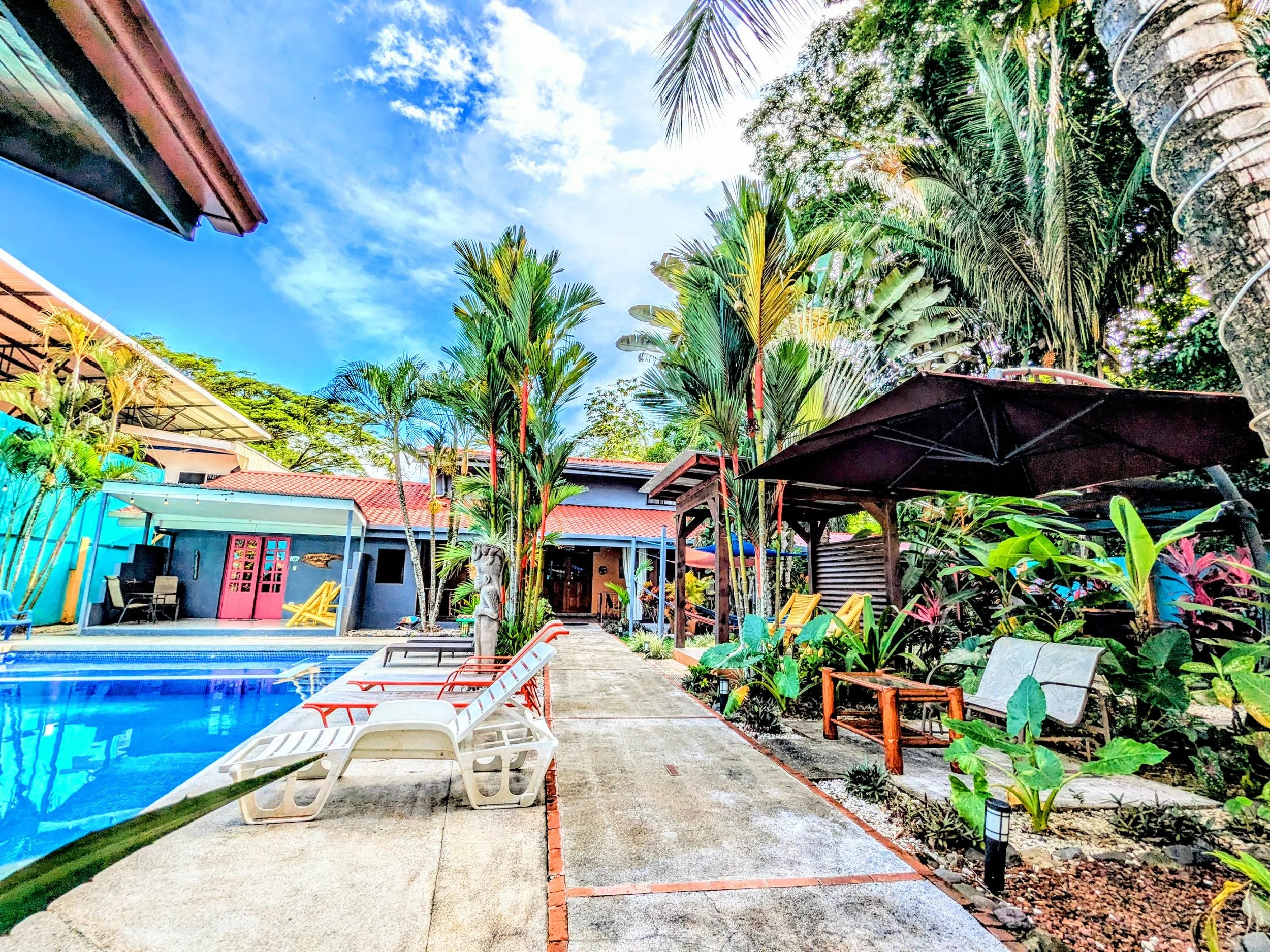 Swimming pool area with lounge chairs, green plants, trees, and a house in the background under a blue sky.
