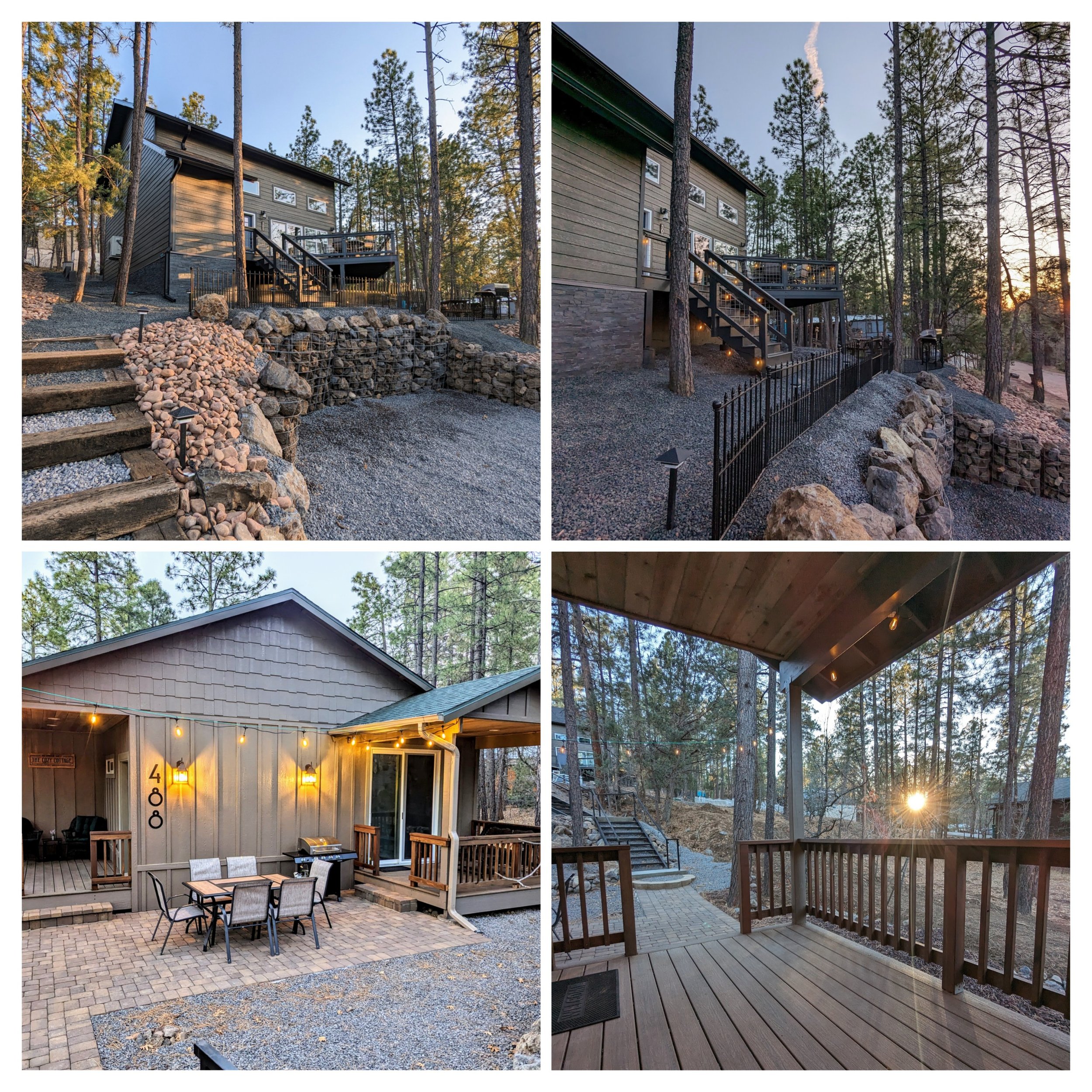 A collage of four photos showing a modern home and outdoor spaces surrounded by trees. The first two photos display the rear and side views of the house, featuring a deck, black railing, stairs, and landscaping with rocks and gravel. The third photo shows a backyard patio with a dining table, chairs, and string lights. The fourth photo captures a covered porch with wooden flooring, railings, and trees in the background at sunset.
