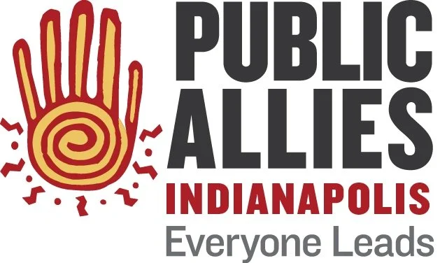 A stylized hand with a spiral pattern on the palm and red accents, alongside text promoting Public Allies Indianapolis with the slogan 'Everyone Leads'.