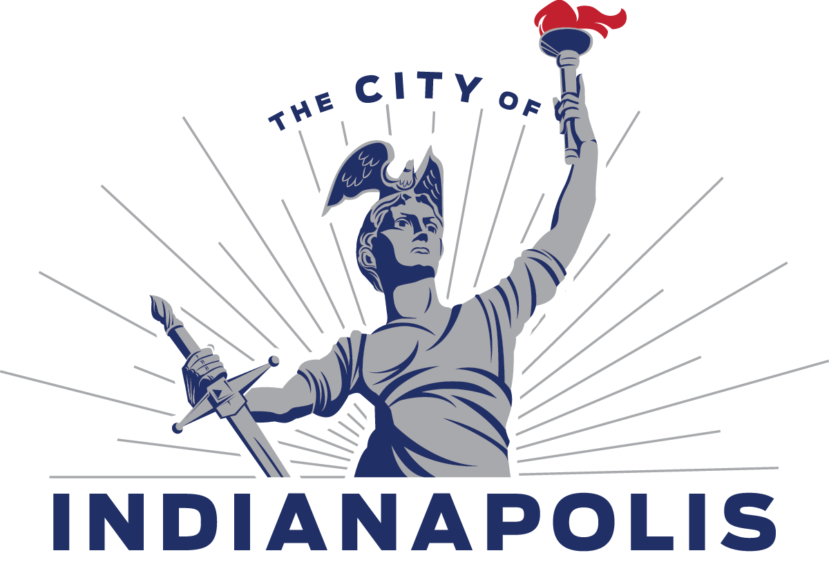 Illustration of the Statue of Liberty with a sword in one hand and a torch in the other, above the text 'The City of Indianapolis'.
