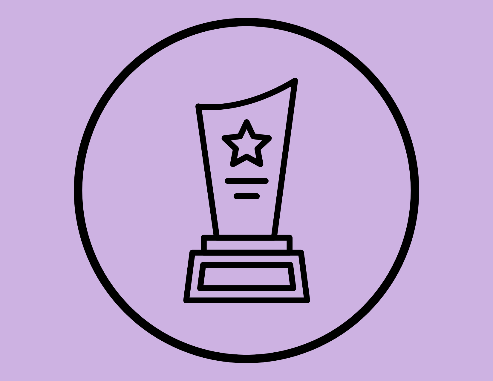 Line drawing of a trophy with a star on it, enclosed in a circle, on a purple background.