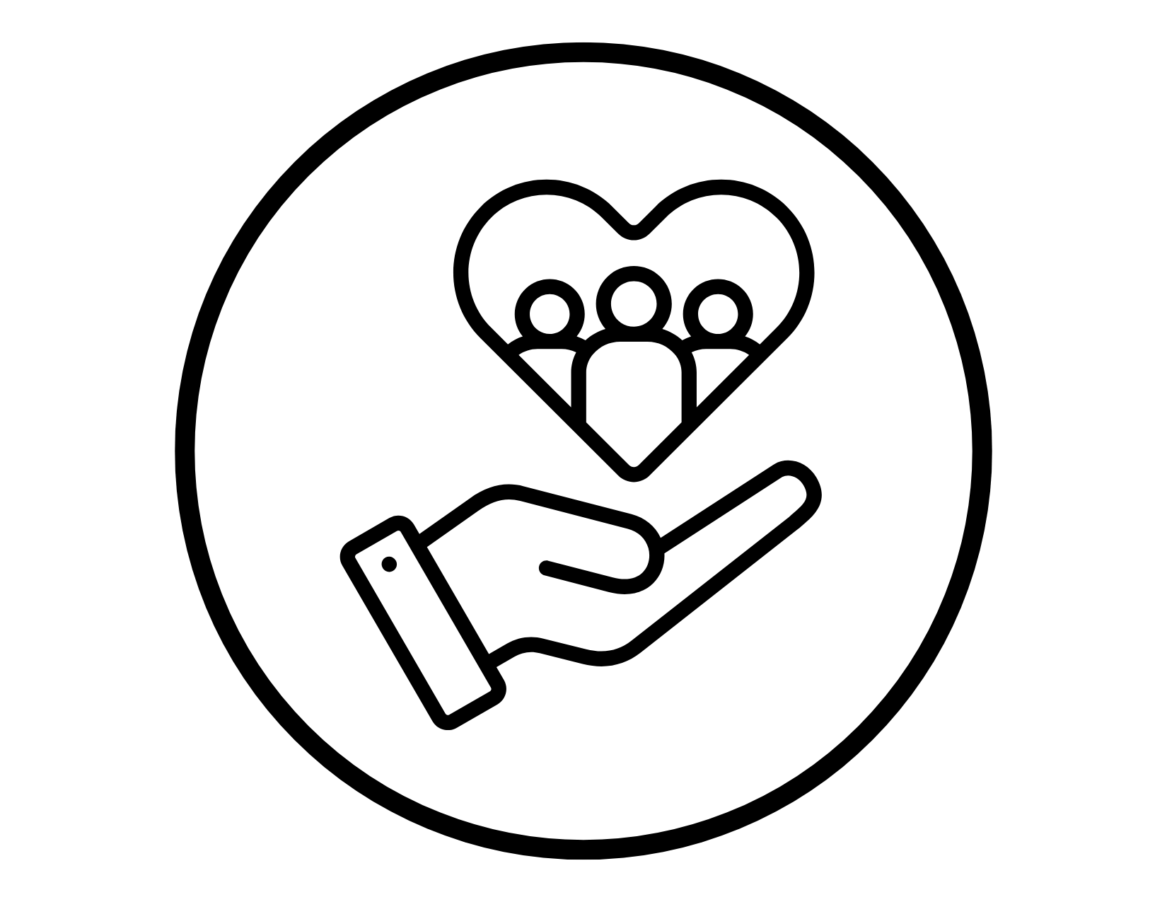 An outline of a hand holding a heart with three people inside it, symbolizing care or support.