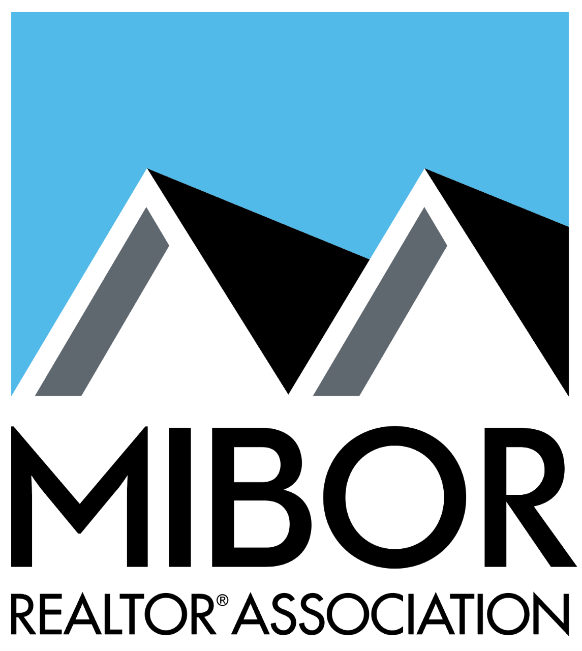 Logo of MIBOR Realtor Association featuring stylized mountain peaks in blue, white, black, and gray with the text 'MIBOR REALTOR® ASSOCIATION' underneath.